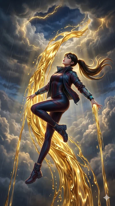 photorealistic 8k CG, hyper-detailed textures, ray-tracing, Korean woman. Mid-air action shot capturing a graceful twist and vertical silhouette. commanding a rain of liquid gold to fall from the clouds. sharp v-shaped jawline, high-bridge nose, intr