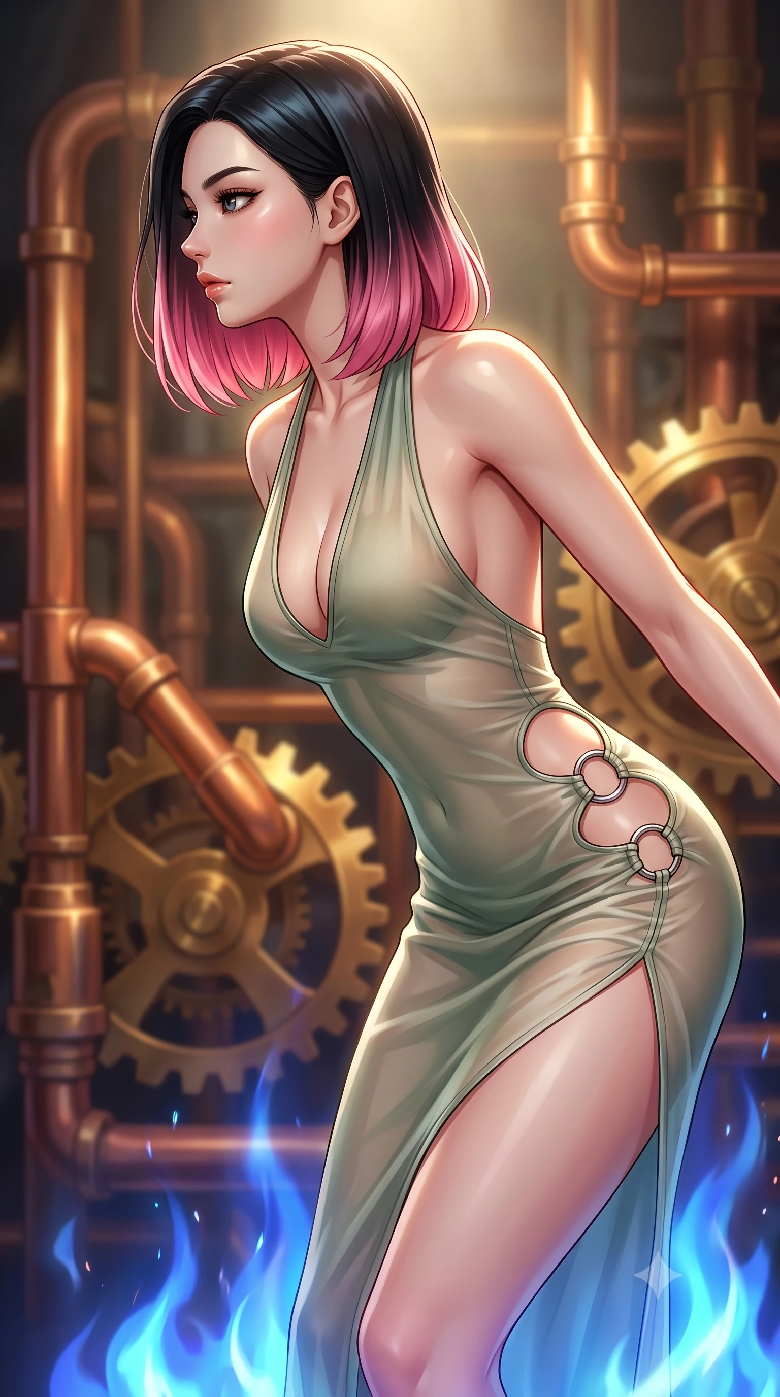 score_9, masterpiece, best quality, ultra-detailed, high-budget anime keyframe, editorial fashion photography, tasteful artistic composition, Korean woman. close-up cowboy shot from the waist and thighs up, the character dominates the composition, filling the frame with her large presence, background elements kept in soft focus. Turning her face in sharp profile while her upper body leans forward with poised athletic grace while floating gracefully above a sapphire alchemy flame with her torso tilted dynamically, intricate copper pipes and brass gears gleam with furnace heat reflections. She has an exceptionally elegant, slender, and willowy female figure with an ultra-slim waist, a gracefully sculpted slender torso, and a refined silhouette. sharp v-shaped jawline, high-bridge nose, intricate jewel-like eyes with depth, thick eyelashes, glossy lips with a natural sheen, flawlessly proportioned anatomical accuracy, natural body alignment, perfectly sculpted elegant limbs, clean dynamic posture without body distortion. wearing a deep-scoop halter bodycon dress with hip cutouts connected by silver rings in sage green and oatmeal, woven from fine semi-opaque sheer organza, finished with a sleek side slit ascending to mid-thigh, the sleek second-skin texture accentuating her magnetic presence. illuminated by golden alchemy rune radiance and dramatic top key light. highly saturated vibrant anime colors, detailed shading with soft gradients, rich glossy textures, high-contrast stereoscopic depth, volumetric dynamic lighting, master piece, 9:16 ratio