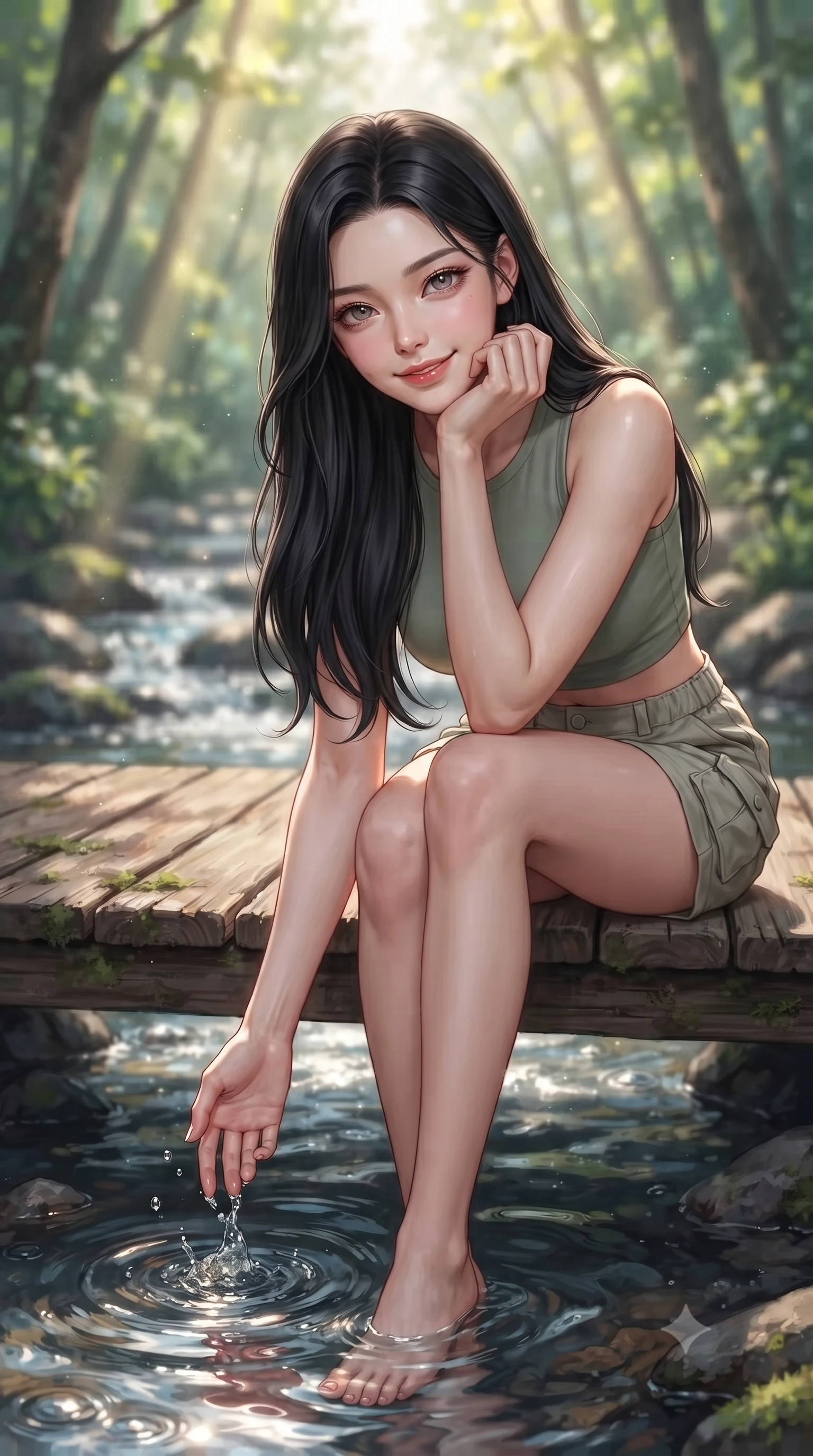 score_9, masterpiece, best quality, ultra-detailed, high-budget anime keyframe, editorial fashion photography, tasteful artistic composition, Korean woman. close-up cowboy shot from the waist and thighs up, the character dominates the composition, filling the frame with her large presence, background elements kept in soft focus. smiling cutely while resting her chin on her hand, looking directly into the lens set against a soft-focus background of on a rustic wooden bridge crossing a shallow, bubbling valley stream dipping her fingertips into the cool water with a playful, cute splash. She has an exceptionally elegant, slender, and willowy female figure with an ultra-slim waist, a gracefully sculpted slender torso, and a refined silhouette. sharp v-shaped jawline, high-bridge nose, intricate jewel-like eyes with depth, thick eyelashes, glossy lips with a natural sheen. wearing slim-fit stylish crop top in sage green, paired with lightweight cargo shorts. cool forest shadows contrasting with warm shafts of sunbeams. ultra-reflective glossy finish, specular highlights, metallic sheen, high-contrast stereoscopic depth, volumetric dynamic lighting, 2k, ultra detail, master piece, 9:16 ratio