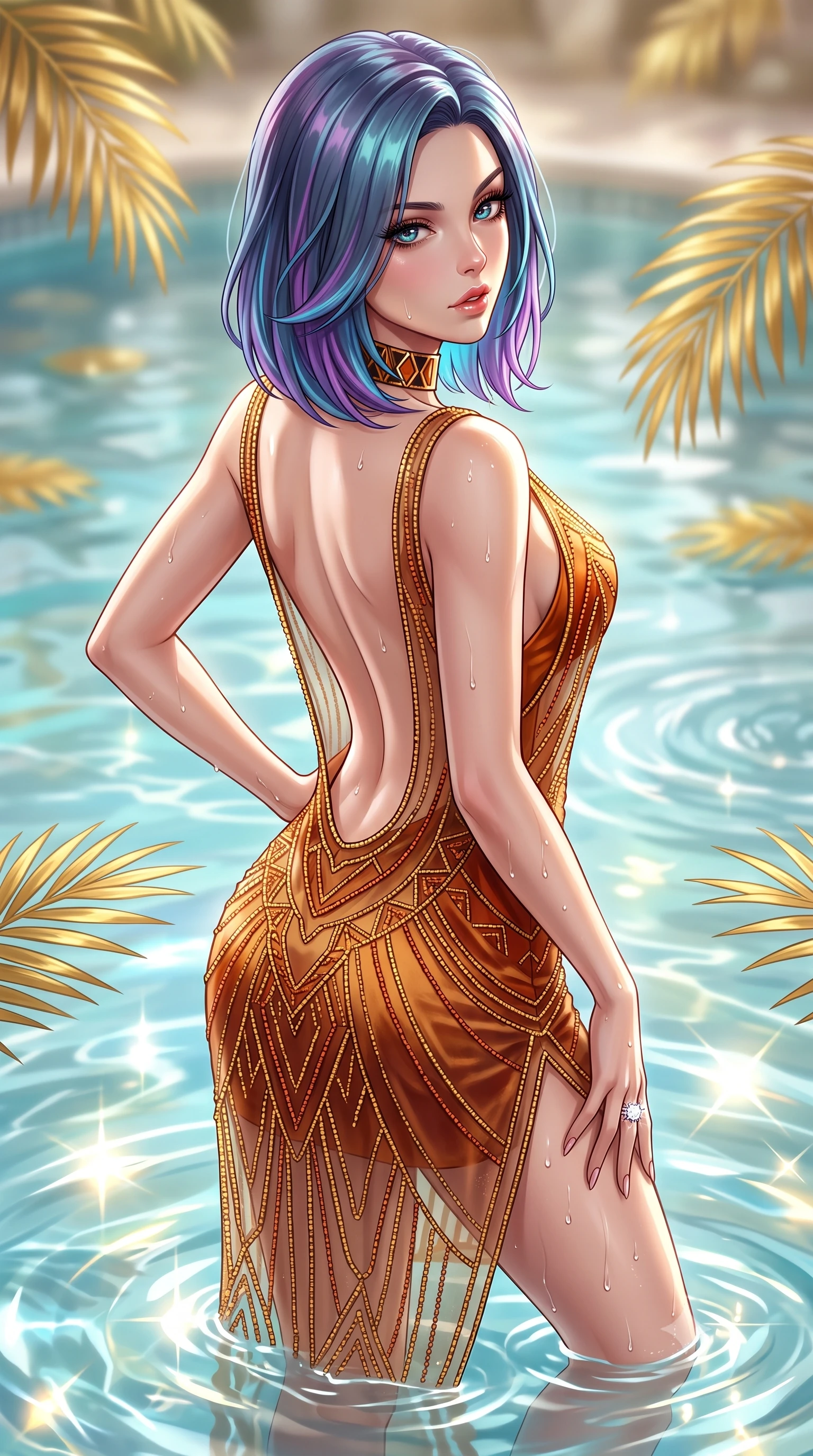 score_9, masterpiece, best quality, ultra-detailed, high-budget anime keyframe, semi-realistic 3D game render, editorial fashion photography, tasteful artistic composition, Caucasian woman. close-up cowboy shot from the waist and thighs up, the character dominates the composition, filling the frame with her large presence. resting one manicured hand delicately on her hip bone, her upper body turning in a fluid, seductive S-curve while parted lips glisten in the light while wading languidly through the crystal-clear mineral pool with hips cocked, water droplets beading along her flat midriff and long slender legs. The composition keeps background elements in soft focus with creamy bokeh. floating golden palm leaves and pool water ripples softened in ultra-luxury shallow focus. She has an exceptionally elegant, slender, and willowy female figure with an ultra-slim waist, flat toned midriff, narrow ribcage, and sculpted feminine hips creating an alluring, slim hourglass silhouette without bulk. sharp v-shaped jawline, high-bridge nose, intricate jewel-like eyes with depth, thick eyelashes, glossy parted lips with a natural sheen, intensely captivating and seductive bedroom-eyes expression, flawlessly proportioned anatomical accuracy, strict slender model proportions, natural body alignment, perfectly sculpted long slender limbs, ultra-slim waistline, clean dynamic posture without body distortion. wearing a sheer vintage mesh flapper dress adorned with intricate geometric beadwork over an opaque silk slip in molten desert gold and burnt terracotta, crafted from heavyweight crushed silk velvet with liquid vintage luster, complemented by a bold geometric choker and sparkling cocktail ring, the dramatically scooped open back descending to the base of her spine, accentuating her razor-sharp statuesque lines and slim hourglass silhouette. illuminated by intense specular pool water reflections sharply carving her razor-sharp jawline, narrow waist, and curvy hips. highly saturated vibrant anime colors, detailed shading with soft gradients, rich glossy textures, high-contrast stereoscopic depth, volumetric dynamic lighting, master piece, 9:16 ratio