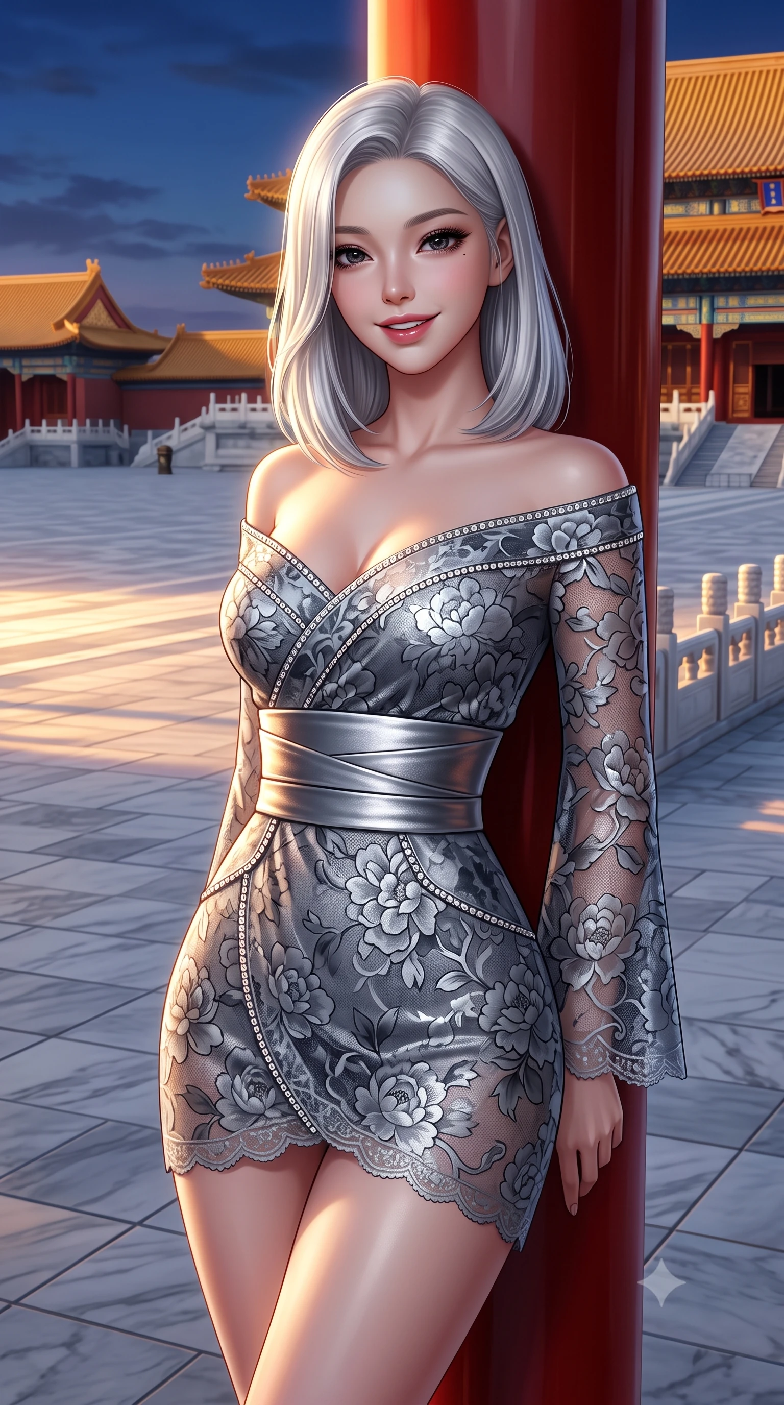 score_9, masterpiece, best quality, ultra-detailed, high-budget anime keyframe, semi-realistic 3D game render, editorial fashion photography, tasteful artistic composition, Korean woman. close-up cowboy shot from the waist and thighs up, the character dominates the composition, filling the frame with her large presence. leaning back against the red lacquer pillar with relaxed seductive grace, her flat midriff and narrow waist highlighted as warm lantern light traces her curves while twisting her slender torso in an alluring contrapposto stance, twilight golden rays reflecting off imperial yellow glazed roof tiles onto her curves. The surrounding environment is rendered in vivid detail and crisp panoramic clarity: detailed gold-threaded silk gown sheen, jewelry gleam, and classical Chinese imperial architecture in high resolution. She has an exceptionally elegant, slender, and willowy female figure with an ultra-slim waist, flat toned midriff, narrow ribcage, and sculpted feminine hips creating an alluring, slim hourglass silhouette without bulk. sharp v-shaped jawline, high-bridge nose, intricate jewel-like dark sparkling almond eyes with depth, thick lashes, glossy parted lips with a natural rose-plum sheen, bright alluring and coquettish smile with bedroom-eyes, exuding both timeless oriental elegance and sovereign high-fashion allure, flawlessly proportioned anatomical accuracy, strict slender model proportions, natural body alignment, perfectly sculpted long slender limbs, ultra-slim waistline, clean dynamic posture without body distortion. wearing an asymmetric off-shoulder cyber-kimono mini dress with a wide metallic obi corset belt accentuating her narrow waist in misty ink-wash slate grey and liquid silver, woven from delicate semi-opaque floral lace with oriental peony patterns, finished with subtle crystal rhinestones tracing the elegant neckline, the form-fitting tailored bodice adhering flawlessly to her sculpted flat midriff and slender torso, emphasizing her long leg lines and perfectly proportioned willowy build. bathed in dramatic twilight golden hour light streaming horizontally across the vast marble plaza. highly saturated vibrant anime colors, detailed shading with soft gradients, rich glossy textures, high-contrast stereoscopic depth, volumetric dynamic lighting, master piece, 9:16 ratio