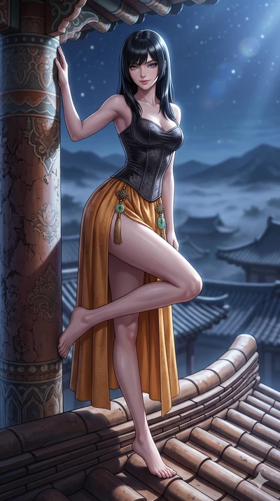Caucasian woman. low angle full-body shot from head to toe showing her feet,.