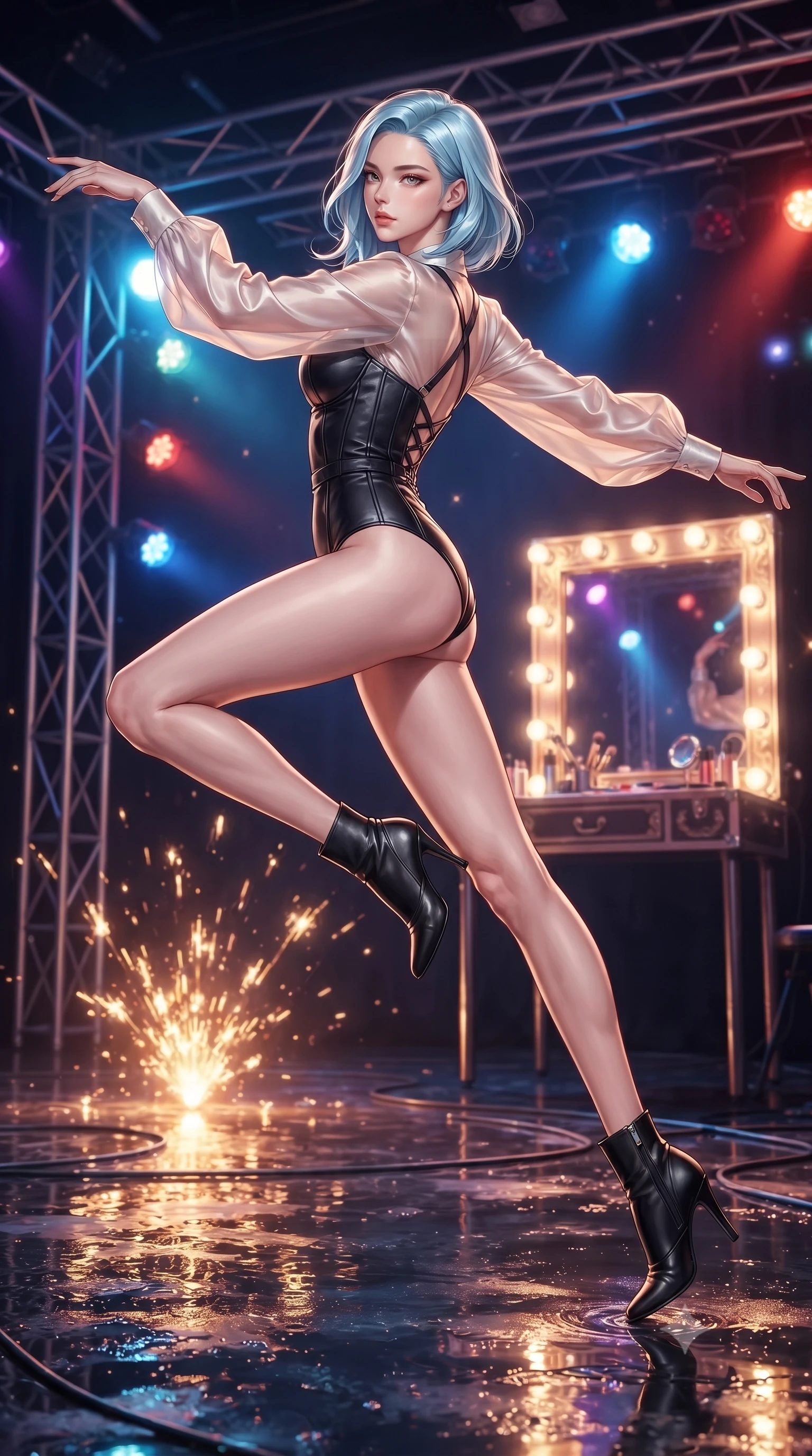 score_9, masterpiece, best quality, ultra-detailed, high-budget anime keyframe, editorial fashion photography, tasteful artistic composition, Korean woman. low angle full-body shot from head to toe showing her feet, filling the entire 9:16 vertical frame with her statuesque presence, stretching her vertical silhouette. leaping gracefully through the environment with statuesque elegance and long slender legs resting backstage near a glowing mirror vanity filled with stage lights, shiny dark stage surface reflecting every concert light beam vividly. She has an absolutely perfect, statuesque 8.5-heads proportion, an exceptionally tall and slender model-like female figure with impossibly long slender legs and an ultra-slim waist. sharp v-shaped jawline, high-bridge nose, intricate jewel-like eyes with depth, thick eyelashes, glossy lips with a natural sheen. wearing a tailored leather bustier over a sheer silk chiffon blouse in pearl white and rose gold, crafted from lustrous satin jersey with fluid draping, complemented by criss-cross back straps highlighting her bare shoulders, the sleek second-skin texture accentuating her magnetic presence. illuminated by golden spark explosions and high-contrast concert lighting. ultra-reflective glossy finish, specular highlights, metallic sheen, high-contrast stereoscopic depth, volumetric dynamic lighting, 2k, ultra detail, master piece, 9:16 ratio