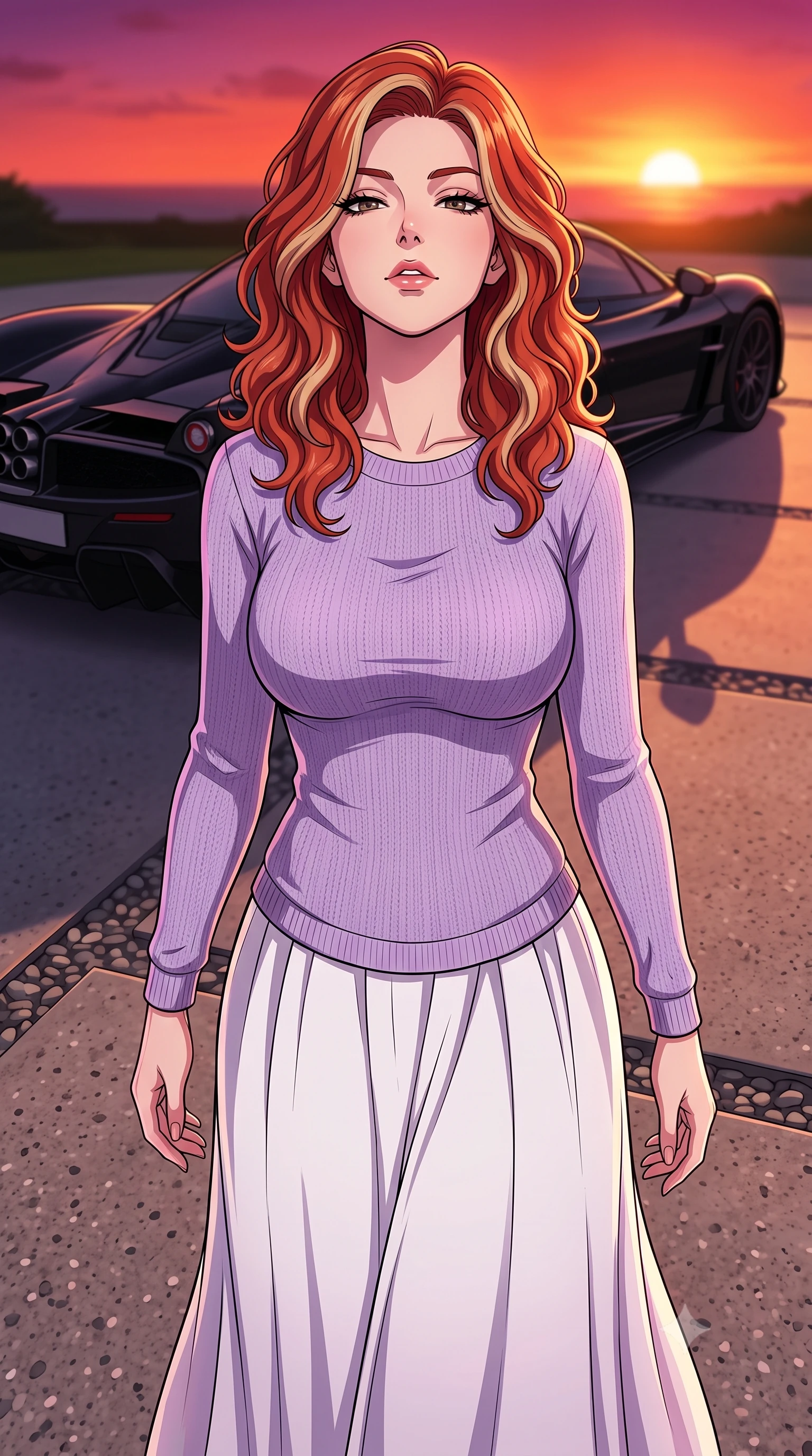 score_9, masterpiece, best quality, ultra-detailed, high-budget anime keyframe, tasteful artistic composition, Caucasian woman. close-up cowboy shot from the waist and thighs up, the character dominates the composition, filling the frame with her large presence, background elements kept in soft focus. tilting her chin up slightly with lips parted in a composed, provocative expression the background shows a soft-focus a modern concrete driveway facing a sleek black sports car at sunset. She has an exceptionally elegant, slender, and willowy female figure with an ultra-slim waist, a gracefully sculpted slender torso, and a refined silhouette. sharp v-shaped jawline, high-bridge nose, intricate jewel-like eyes with depth, thick eyelashes, glossy lips with a natural sheen. wearing a form-contouring comfortable lavender knit sweater paired with a flowy white cotton maxi skirt. the dramatic orange glow of a sunset casting long shadows of the car and her figure. highly saturated vibrant anime colors, cel-shading, 2d style, master piece, 9:16 ratio