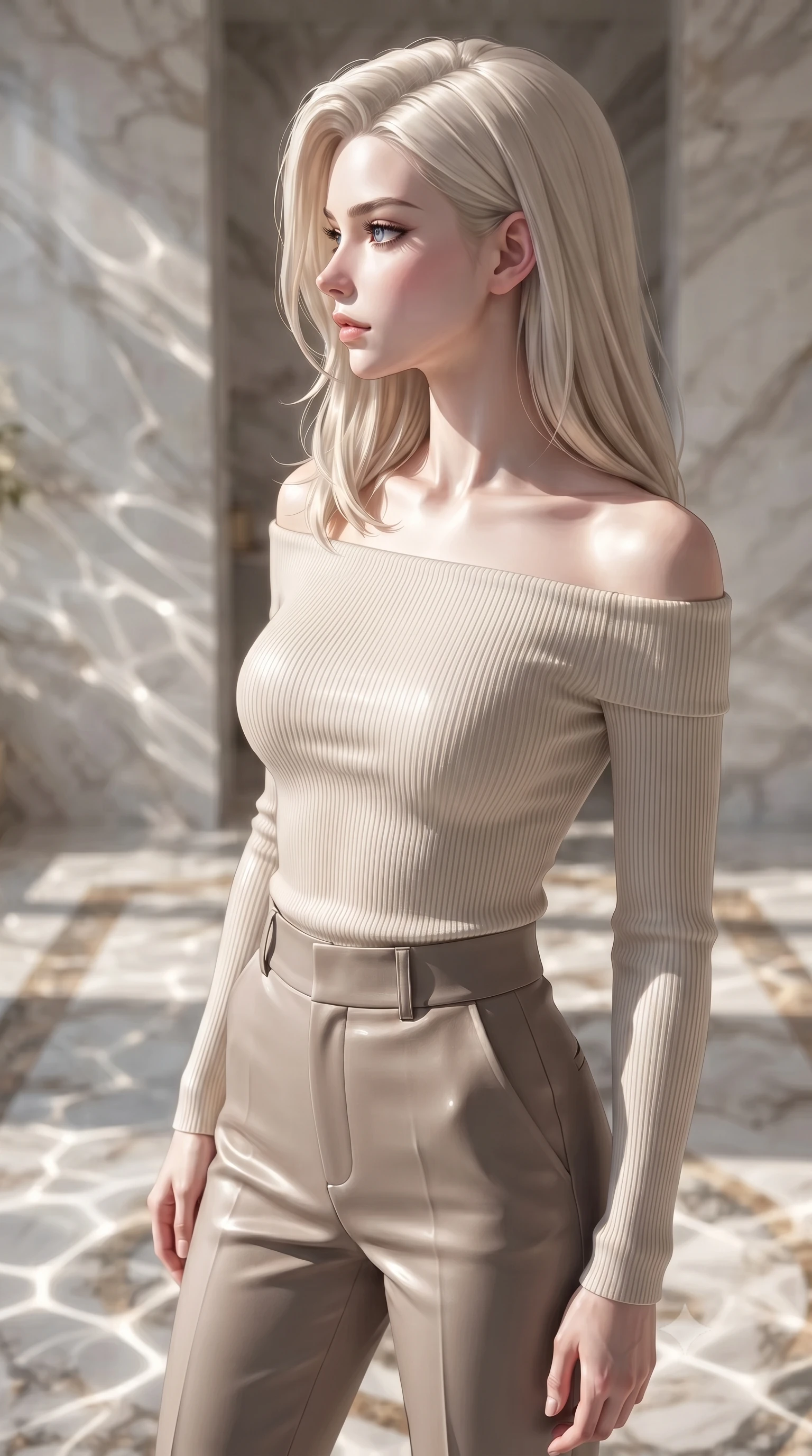 score_9, masterpiece, best quality, ultra-detailed, high-budget anime keyframe, editorial fashion photography, tasteful artistic composition, Caucasian woman. close-up cowboy shot from the waist and thighs up, the character dominates the composition, filling the frame with her large presence, background elements kept in soft focus. Turning her face in sharp dramatic profile against the bright light, showcasing her sharp v-shaped jawline gliding over a mosaic marble floor illuminated by caustic water ripples, shimmering water reflections dancing dynamically across the marble walls. She has an exceptionally elegant, slender, and willowy female figure with an ultra-slim waist, a gracefully sculpted slender torso, and a refined silhouette. sharp v-shaped jawline, high-bridge nose, intricate jewel-like eyes with depth, thick eyelashes, glossy lips with a natural sheen. wearing a sleek off-shoulder ribbed cashmere knit top paired with high-waist tailored pants, the glove-like fit emphasizing her statuesque silhouette. lit by clear sun-drenched sea light with soft ethereal shadows. ultra-reflective glossy finish, specular highlights, metallic sheen, high-contrast stereoscopic depth, volumetric dynamic lighting, 2k, ultra detail, master piece, 9:16 ratio