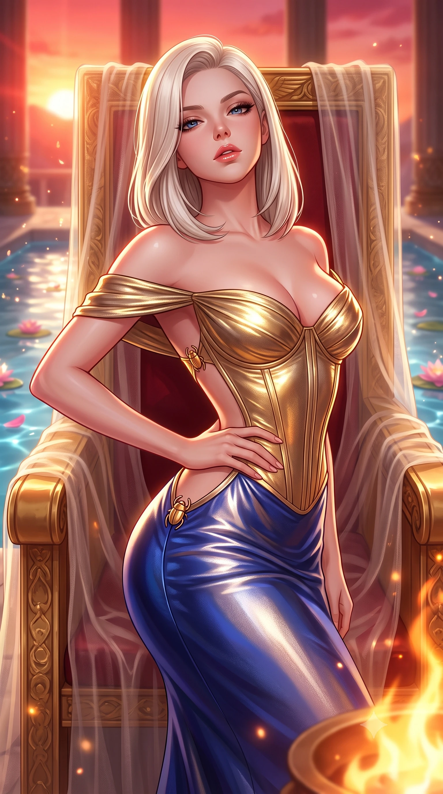 score_9, masterpiece, best quality, ultra-detailed, high-budget anime keyframe, semi-realistic 3D game render, editorial fashion photography, tasteful artistic composition, Caucasian woman. close-up cowboy shot from the waist and thighs up, the character dominates the composition, filling the frame with her large presence. tilting her chin up with proud, sovereign allure while gazing through thick eyelashes, one hand resting on her waist in pure supermodel charisma while stretching languidly across a golden throne draped in sheer gossamer linen, parted glossy lips reflecting flickering sacred brazier fires. The composition keeps background elements in soft focus with creamy bokeh. sparkling pool caustics and floating lotus petals scattering radiant sunlight motes across the sanctuary. She has an exceptionally elegant, slender, and willowy female figure with an ultra-slim waist, a gracefully sculpted slender torso, toned flat midriff, and rounded feminine hips creating an alluring hourglass silhouette. sharp v-shaped jawline, high-bridge nose, intricate jewel-like eyes with depth, thick eyelashes, glossy parted lips with a natural sheen, intensely captivating and seductive bedroom-eyes expression, flawlessly proportioned anatomical accuracy, strict slender model proportions, natural body alignment, perfectly sculpted long slender limbs, ultra-slim waistline, clean dynamic posture without body distortion. wearing a statuesque off-shoulder gold lamé gown with a boned corset bodice and bodycon silhouette in royal sapphire blue and brushed platinum, crafted from liquid-smooth metallic lamé that shifts radiance with every step, finished with a dramatic open back secured by golden scarab clasps, the dramatically scooped open back descending to the base of her spine, accentuating her razor-sharp statuesque lines and curvy hourglass silhouette. bathed in blazing crimson sunset backlighting and warm amber brazier fire uplights. highly saturated vibrant anime colors, detailed shading with soft gradients, rich glossy textures, high-contrast stereoscopic depth, volumetric dynamic lighting, master piece, 9:16 ratio