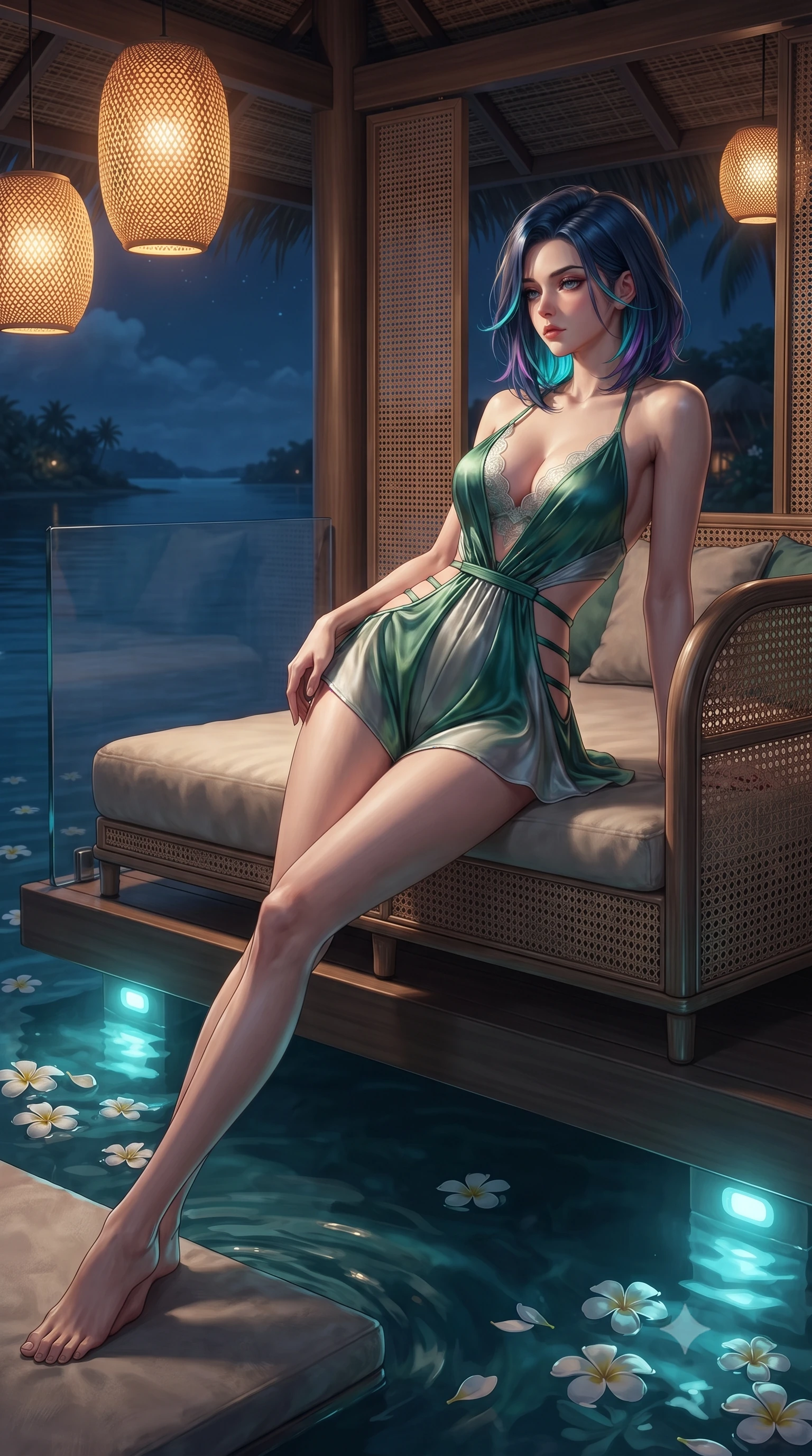 score_9, masterpiece, best quality, ultra-detailed, high-budget anime keyframe, editorial fashion photography, tasteful artistic composition, Caucasian woman. low angle full-body shot from head to toe showing her feet, filling the entire 9:16 vertical frame with her statuesque presence, stretching her vertical silhouette. reclining gracefully across the plush chaise lounge with one leg extended, her sculpted silhouette and flat midriff radiating magnetic nocturnal glamour while leaning against the open-air pavilion balustrade with hips cocked back, looking out over the calm lagoon with heavy-lidded bedroom-eyes. The surrounding environment is rendered in vivid detail and crisp panoramic clarity: sharp tempered glass clarity, floating white frangipani flower petals, and hand-woven rattan screen patterns in deep focus. She has an exceptionally tall and slender model-like 8.5-heads proportion, an ultra-slim waist, a flat toned midriff, narrow delicate ribcage, and beautifully sculpted feminine hips creating a graceful, slim hourglass silhouette without any bulky heaviness, with impossibly long slender legs. sharp v-shaped jawline, high-bridge nose, intricate jewel-like sparkling eyes with depth, thick eyelashes, glossy parted lips with a natural peach sheen, bright cheerful beaming smile with an enchanting and coquettish sensual glint, exuding both youthful cute charm and seductive allure, flawlessly proportioned anatomical accuracy, strict slender model proportions, natural body alignment, perfectly sculpted long slender limbs, ultra-slim waistline, clean dynamic posture without body distortion. wearing a daring low-cut halterneck romper with exposed midriff and strappy hip cutouts in Art Nouveau malachite green and antique starlight silver, made of fluid liquid jersey with seamless sculpting hold and smooth contours, finished with scalloped eyelash lace trim framing her sweetheart neckline with intimate elegance, the impeccably tailored cut draping gracefully along her slender figure with aristocratic poise. bathed in the warm 2500K glow of woven bamboo lantern fixtures combined with clear cyan water uplights. ultra-reflective glossy finish, specular highlights, rich textural contrasts, high-contrast stereoscopic depth, volumetric dynamic lighting, 2k, ultra detail, master piece, 9:16 ratio