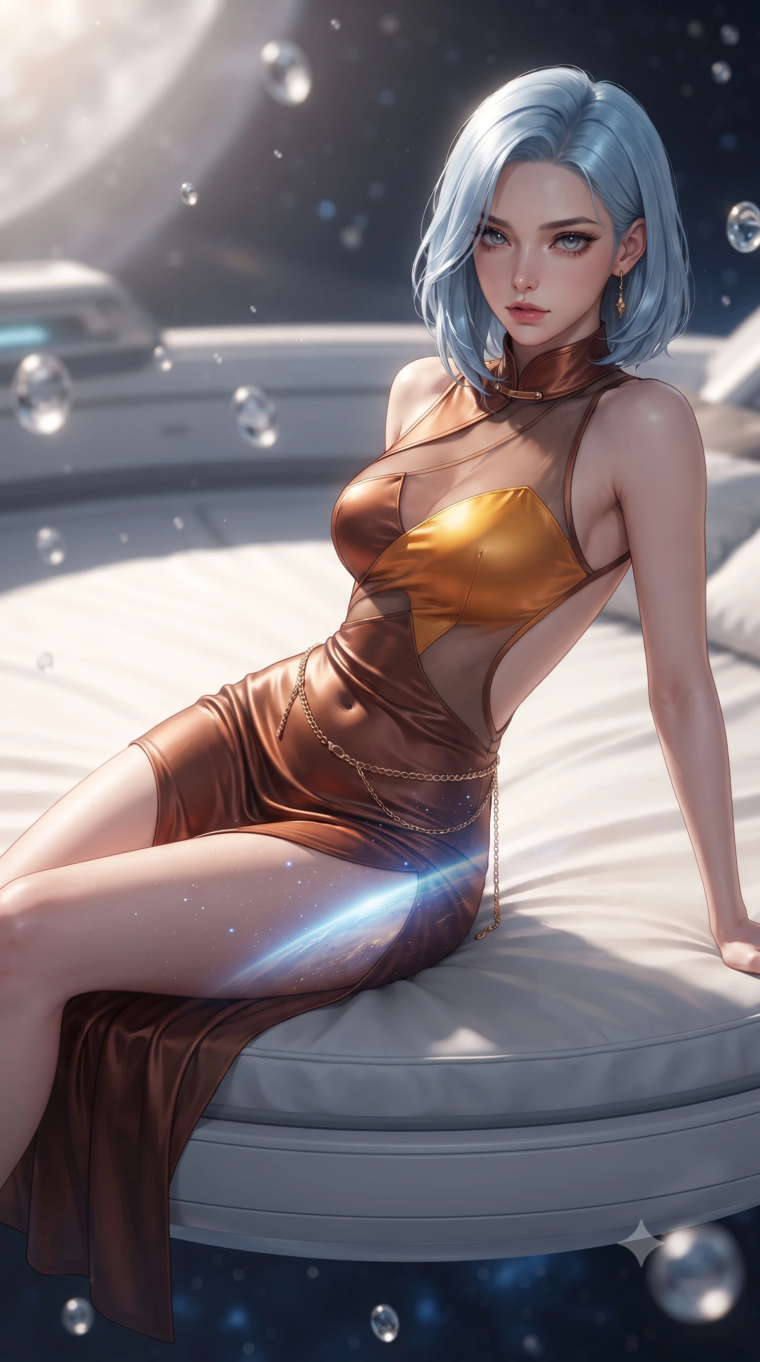 score_9, masterpiece, best quality, ultra-detailed, high-budget anime keyframe, editorial fashion photography, tasteful artistic composition, Korean woman. close-up cowboy shot from the waist and thighs up, the character dominates the composition, filling the frame with her large presence. leaning back with relaxed seductive grace, her sculpted collarbones and narrow waist highlighted as she casts smoldering bedroom-eyes directly into the camera while reclining languidly on a circular floating daybed with one knee bent, starlight and blue Earth glow tracing the sensual curve of her feminine hips and flat midriff. The composition keeps background elements in soft focus with creamy bokeh. floating zero-gravity droplets and sleek lunar base habitat gantries softened in glamorous sci-fi shallow focus. She has an exceptionally elegant, slender, and willowy female figure with an ultra-slim waist, flat toned midriff, narrow ribcage, and sculpted feminine hips creating an alluring, slim hourglass silhouette without bulk. sharp v-shaped jawline, high-bridge nose, intricate jewel-like eyes with depth, thick eyelashes, glossy parted lips with a natural sheen, intensely captivating and seductive bedroom-eyes expression, flawlessly proportioned anatomical accuracy, strict slender model proportions, natural body alignment, perfectly sculpted long slender limbs, ultra-slim waistline, clean dynamic posture without body distortion. wearing a wet-look silk fusion wrap dress with asymmetrical sheer mesh cutouts and high Mandarin collar in rich copper bronze and warm amber, tailored from liquid silk jersey adhering flawlessly to her slender build, accented with a delicate gold chain belt resting loosely on her curvy hips, the dramatically scooped open back descending to the base of her spine, accentuating her razor-sharp statuesque lines and slim hourglass silhouette. illuminated by crisp directional cosmic starlight sharply defining her sculpted clavicle, ultra-slim waist, and curvy hips. ultra-reflective glossy finish, specular highlights, rich textural contrasts, high-contrast stereoscopic depth, volumetric dynamic lighting, 2k, ultra detail, master piece, 9:16 ratio