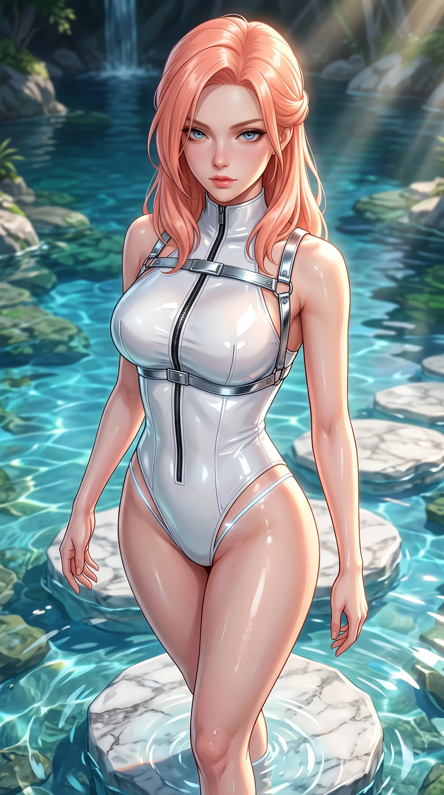 score_9, masterpiece, best quality, ultra-detailed, high-budget anime keyframe, semi-realistic 3D game render, editorial fashion photography, tasteful artistic composition, Japanese woman. close-up cowboy shot from the waist and thighs up, the character dominates the composition, filling the frame with her large presence. gazing directly into the lens with bedroom eyes and a breathtaking, dangerous allure that commands the entire composition while pivoting dynamically on a submerged marble stepping stone as sunbeams penetrate the crystal pool. The surrounding environment is rendered in vivid detail and crisp panoramic clarity. vibrant natural colors and deep environmental chiaroscuro captured with precision. She has an exceptionally elegant, slender, and willowy female figure with an ultra-slim waist, a gracefully sculpted slender torso, toned flat midriff, and a refined slim silhouette. sharp v-shaped jawline, high-bridge nose, intricate jewel-like eyes with depth, thick eyelashes, glossy lips with a natural sheen, flawlessly proportioned anatomical accuracy, strict slender model proportions, natural body alignment, perfectly sculpted long slender limbs, ultra-slim waistline, clean dynamic posture without body distortion. wearing a glossy white second-skin latex bodysuit with high-thigh cuts, exposed clavicle neckline, and gleaming zipper details in high-gloss monochrome white and sharp black contrast, formed from high-gloss patent material with specular light reflections, reinforced by a sleek metallic chrome harness and delicate glowing micro-straps, the liquid-tight tailored fabric emphasizing every curve of her tall, slender model proportions and sculptured silhouette during dynamic movement. surrounded by a pristine, refreshing, and intensely seductive natural sanctuary atmosphere. highly saturated vibrant anime colors, detailed shading with soft gradients, rich glossy textures, high-contrast stereoscopic depth, volumetric dynamic lighting, master piece, 9:16 ratio