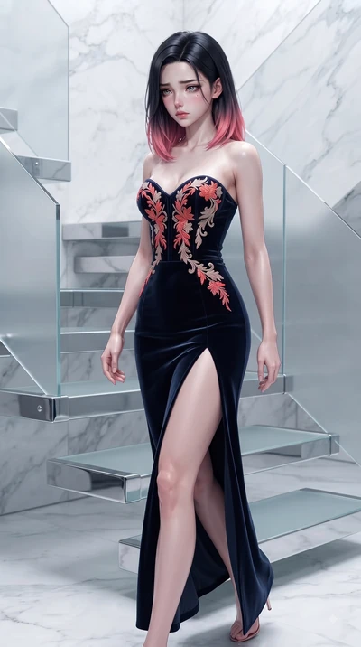 score_9, masterpiece, best quality, ultra-detailed, high-budget anime keyframe, editorial fashion photography, tasteful artistic composition, Korean woman. close-up cowboy shot from the waist and thighs up, the character dominates the composition, fi