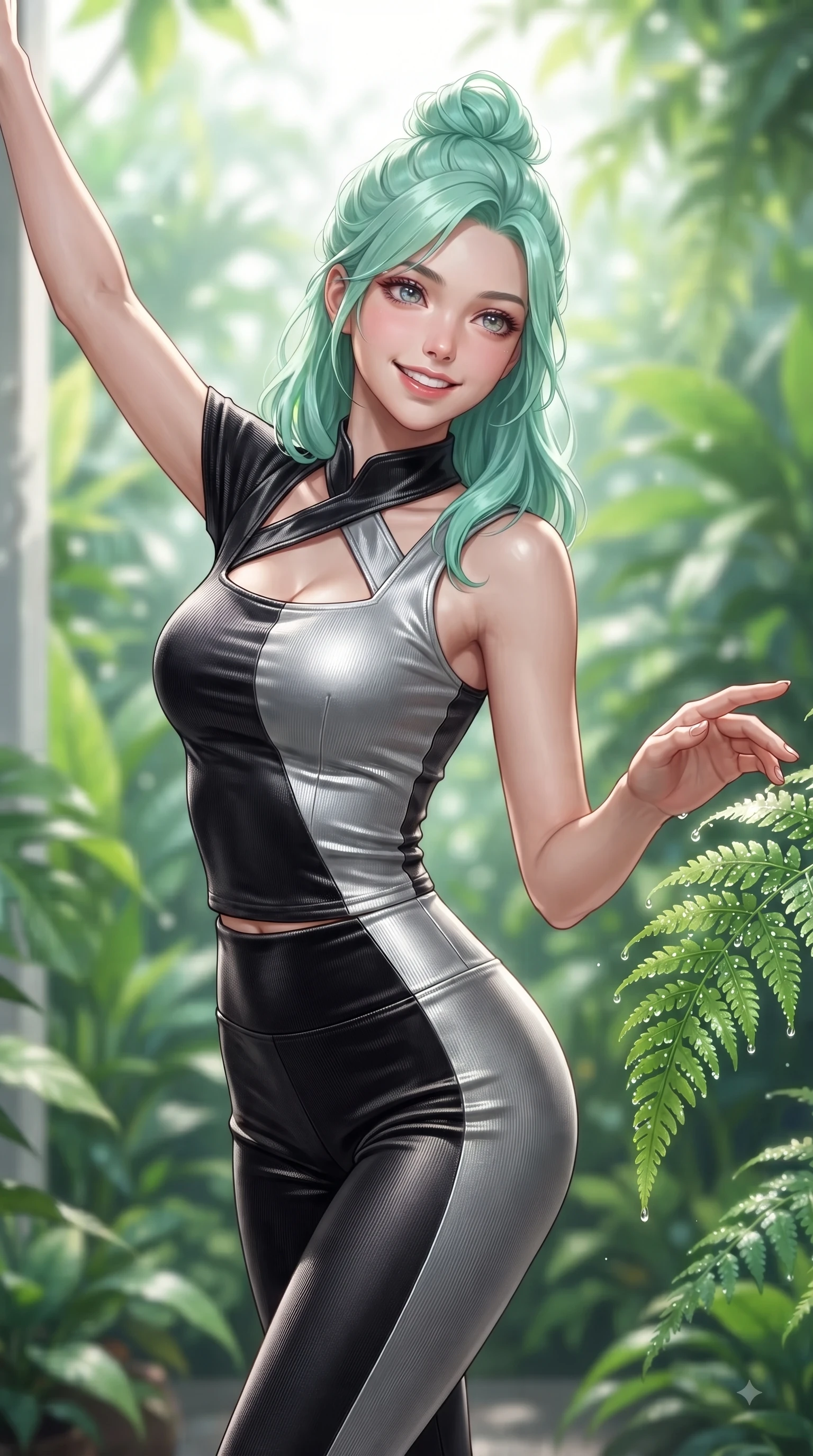 score_9, masterpiece, best quality, ultra-detailed, high-budget anime keyframe, editorial fashion photography, tasteful artistic composition, Japanese woman. close-up cowboy shot from the waist and thighs up, the character dominates the composition, filling the frame with her large presence, background elements kept in soft focus. Extending one arm in an elegant stretch toward the light while smiling with vibrant, youthful self-assurance while reaching one arm out cheerfully to touch a bioluminescent green fern leaf dripping with dew, rich emerald, jade, and lime green plant textures framing her youthful posture. She has an exceptionally elegant, slender, and willowy female figure with an ultra-slim waist, a gracefully sculpted slender torso, and a refined silhouette. sharp v-shaped jawline, high-bridge nose, intricate jewel-like eyes with depth, thick eyelashes, glossy lips with a natural sheen, flawlessly proportioned anatomical accuracy, natural body alignment, perfectly sculpted elegant limbs, clean dynamic posture without body distortion. wearing a form-fitting ribbed activewear set with elegant collar cutouts in matte black and polished silver, made of premium stretch velvet with a rich sheen, accented with a Tasteful chest slit framing her clavicle gracefully, the elegant draped fit framing her graceful clavicle and slender torso. surrounded by a bright, airy, and refreshing tropical garden atmosphere. ultra-reflective glossy finish, specular highlights, metallic sheen, high-contrast stereoscopic depth, volumetric dynamic lighting, 2k, ultra detail, master piece, 9:16 ratio