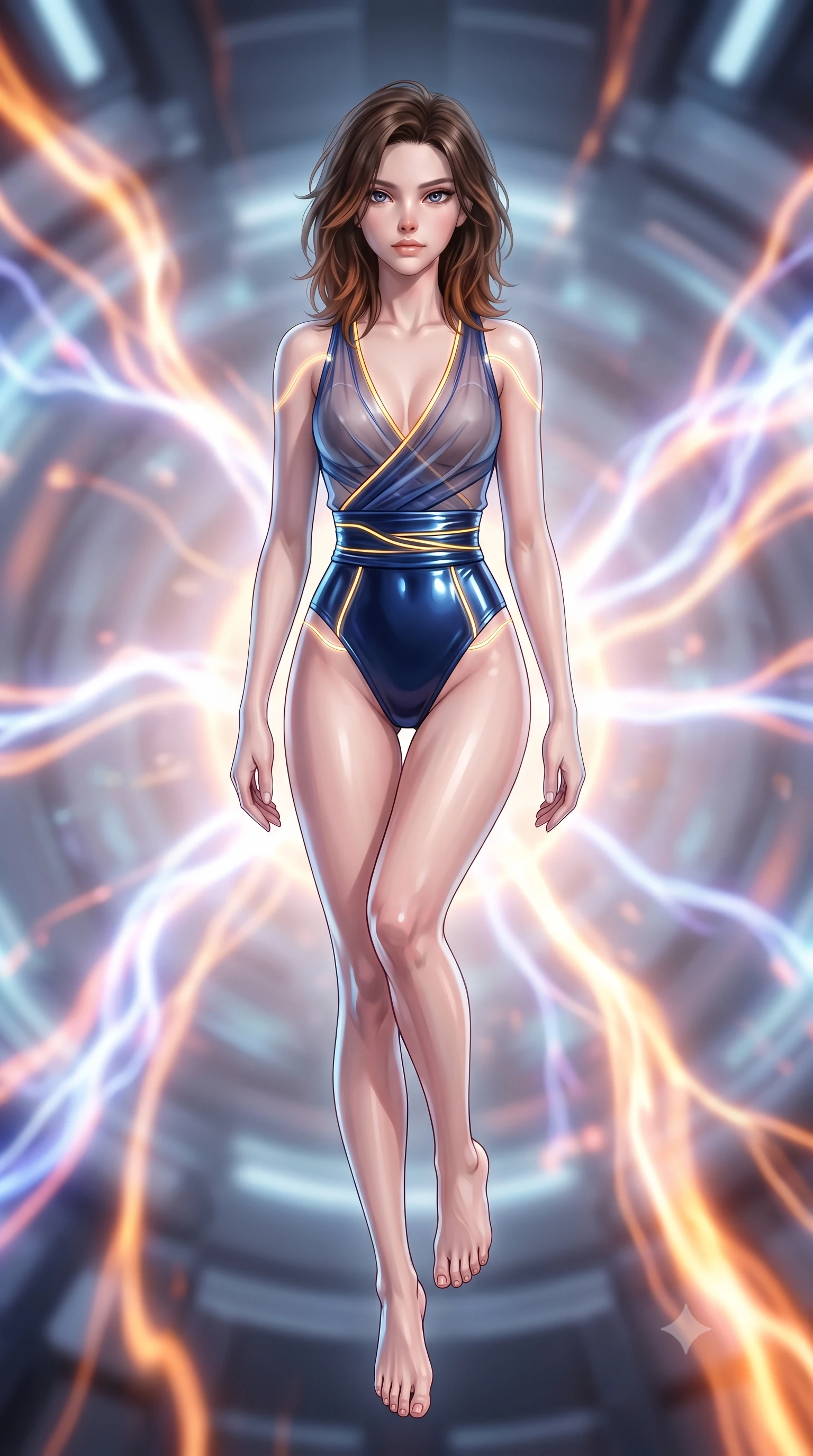 score_9, masterpiece, best quality, ultra-detailed, high-budget anime keyframe, semi-realistic 3D game render, editorial fashion photography, tasteful artistic composition, Korean woman. low angle full-body shot from head to toe showing her feet, filling the entire 9:16 vertical frame with her statuesque presence, stretching her vertical silhouette. performing an alluring mid-air vault with flawless poise, looking directly into the camera with smoldering intensity while levitating dynamically in the center of an anti-gravity quantum core as glowing plasma arcs swirl. The composition keeps background elements in soft focus with creamy bokeh. molten energy streams blurring smoothly into a high-energy futuristic backdrop. She has an absolutely perfect, statuesque 8.5-heads proportion, an exceptionally tall and slender model-like female figure with impossibly long slender legs and an ultra-slim waist. sharp v-shaped jawline, high-bridge nose, intricate jewel-like eyes with depth, thick eyelashes, glossy lips with a natural sheen, flawlessly proportioned anatomical accuracy, natural body alignment, perfectly sculpted elegant limbs, clean dynamic posture without body distortion. wearing a shortened cyber-fusion wrap top with transparent chiffon panels, a deep crossover neckline, and a high-waisted metallic sash that accentuates her ultra-slim waist in midnight sapphire blue and glowing gold filaments, crafted from ultra-reflective second-skin latex with a glass-like polish, accented with glowing fiber-optic seams tracing her collarbones and hip curves, the form-contouring second-skin material highlighting her ultra-slim waist and long lines. surrounded by a supercharged, high-voltage, and breathtakingly bold sensual aura. highly saturated vibrant anime colors, detailed shading with soft gradients, rich glossy textures, high-contrast stereoscopic depth, volumetric dynamic lighting, master piece, 9:16 ratio