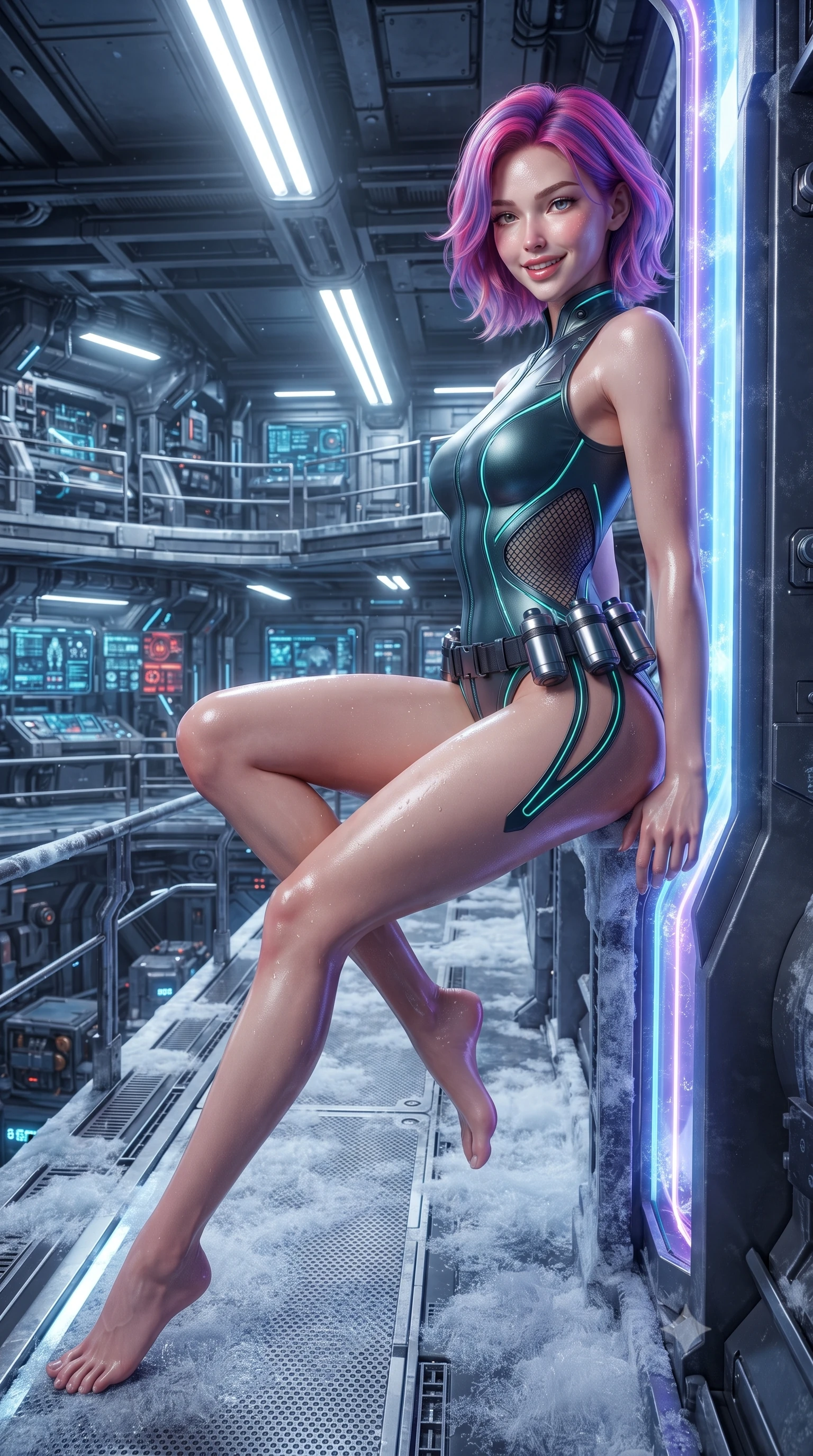 score_9, masterpiece, best quality, ultra-detailed, high-budget anime keyframe, editorial fashion photography, tasteful artistic composition, Caucasian woman. low angle full-body shot from head to toe showing her feet, filling the entire 9:16 vertical frame with her statuesque presence, stretching her vertical silhouette. leaning deep against the glowing energy conduit with hips cocked back in an unapologetically alluring high-fashion stance, flashing a warm beaming smile while sitting gracefully on the frozen metal walkway edge with legs crossed, her form-contouring thermal suit radiating captivating allure. The surrounding environment is rendered in vivid detail and crisp panoramic clarity: detailed mesh catsuit texture, dewy moisture sheen on skin, and futuristic vault architecture in high resolution. She has an absolutely perfect, statuesque 8.5-heads proportion, an exceptionally tall and slender model-like female figure with impossibly long slender legs, an ultra-slim waist, a flat toned midriff, narrow delicate ribcage, and beautifully sculpted feminine hips creating a graceful, slim hourglass silhouette without any bulky heaviness. sharp v-shaped jawline, high-bridge nose, intricate jewel-like sparkling eyes with depth, thick eyelashes, glossy parted lips with a natural sheen, bright confident smile with an enchanting and coquettish sensual glint, exuding both youthful magnetic charm and sovereign high-tech allure, flawlessly proportioned anatomical accuracy, strict slender model proportions, natural body alignment, perfectly sculpted long slender limbs, ultra-slim waistline, clean dynamic posture without body distortion. wearing a futuristic cut-out nano-suit with diamond-shaped side-torso mesh insets tracing her slim hourglass curves in dark emerald teal and ultraviolet glow lines, tailored from brushed aeronautical titanium alloy with matte satin sheen, accented with a sleek utility belt with polished magnetic canisters resting loosely on her curvy hips, the precision-cut side openings and low-back scoop framing her graceful spine and the sensual sweep of her slim, toned hips. illuminated by overhead cold-white strip lights and sharp crystalline silver rim lights carving her slim waist, hips, and jawline. ultra-reflective glossy finish, specular highlights, rich textural contrasts, high-contrast stereoscopic depth, volumetric dynamic lighting, 2k, ultra detail, master piece, 9:16 ratio