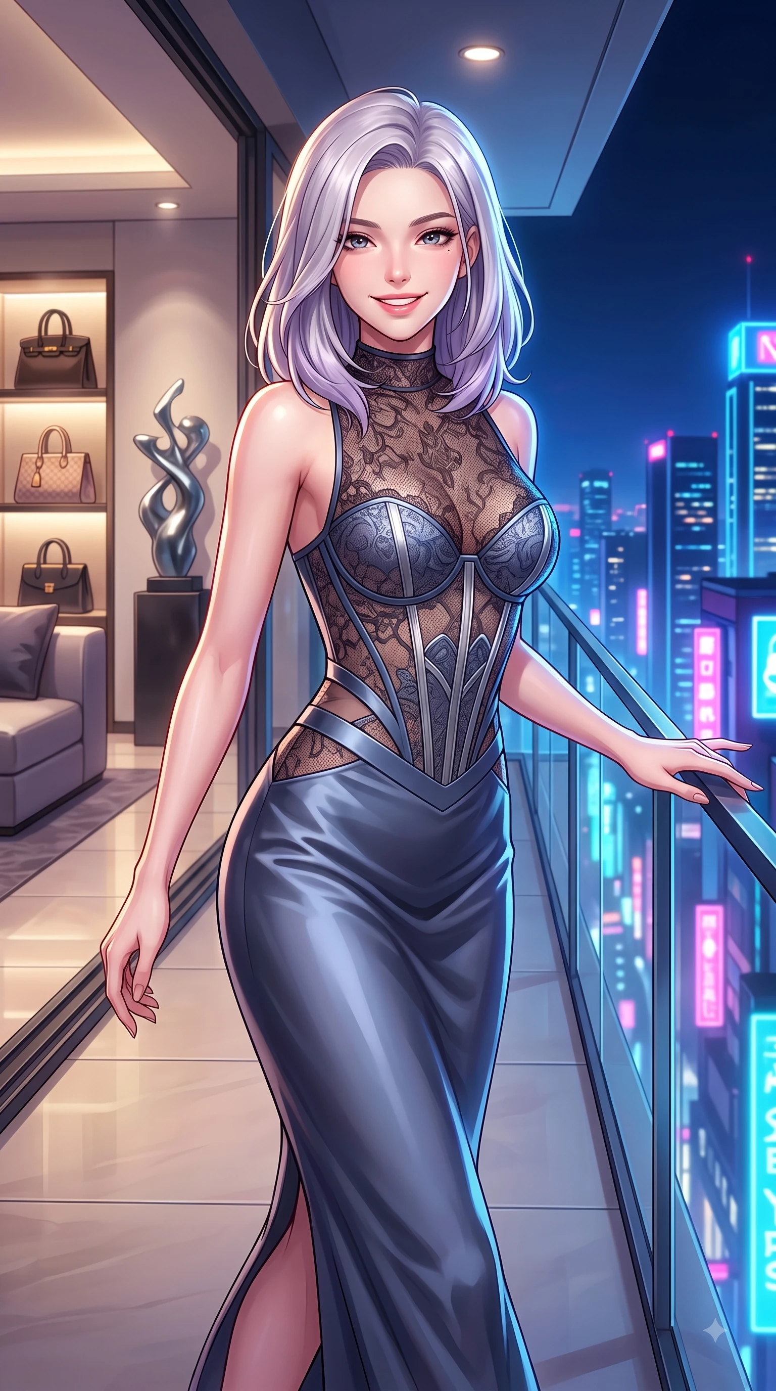 score_9, masterpiece, best quality, ultra-detailed, high-budget anime keyframe, editorial fashion photography, tasteful artistic composition, Caucasian woman. close-up cowboy shot from the waist and thighs up, the character dominates the composition, filling the frame with her large presence, background elements kept in soft focus. Gazing directly into the camera with a fresh, infectious smile as her torso curves dynamically in mid-stride while reaching one hand gracefully toward a glass railing overlooking a vibrant urban skyline, designer handbag displays and modern art sculptures framing the opulent interior. She has an exceptionally elegant, slender, and willowy female figure with an ultra-slim waist, a gracefully sculpted slender torso, and a refined silhouette. sharp v-shaped jawline, high-bridge nose, intricate jewel-like eyes with depth, thick eyelashes, glossy lips with a natural sheen, flawlessly proportioned anatomical accuracy, natural body alignment, perfectly sculpted elegant limbs, clean dynamic posture without body distortion. wearing a sheer dark lace pattern bodysuit with structured corsetry boning in slate blue and metallic silver, crafted from lustrous satin jersey with fluid draping, featuring subtle geometric cutouts that highlight her ultra-slim midriff, the sleek second-skin texture accentuating her magnetic presence. surrounded by a sophisticated, high-fashion nightlife aura. highly saturated vibrant anime colors, detailed shading with soft gradients, rich glossy textures, high-contrast stereoscopic depth, volumetric dynamic lighting, master piece, 9:16 ratio