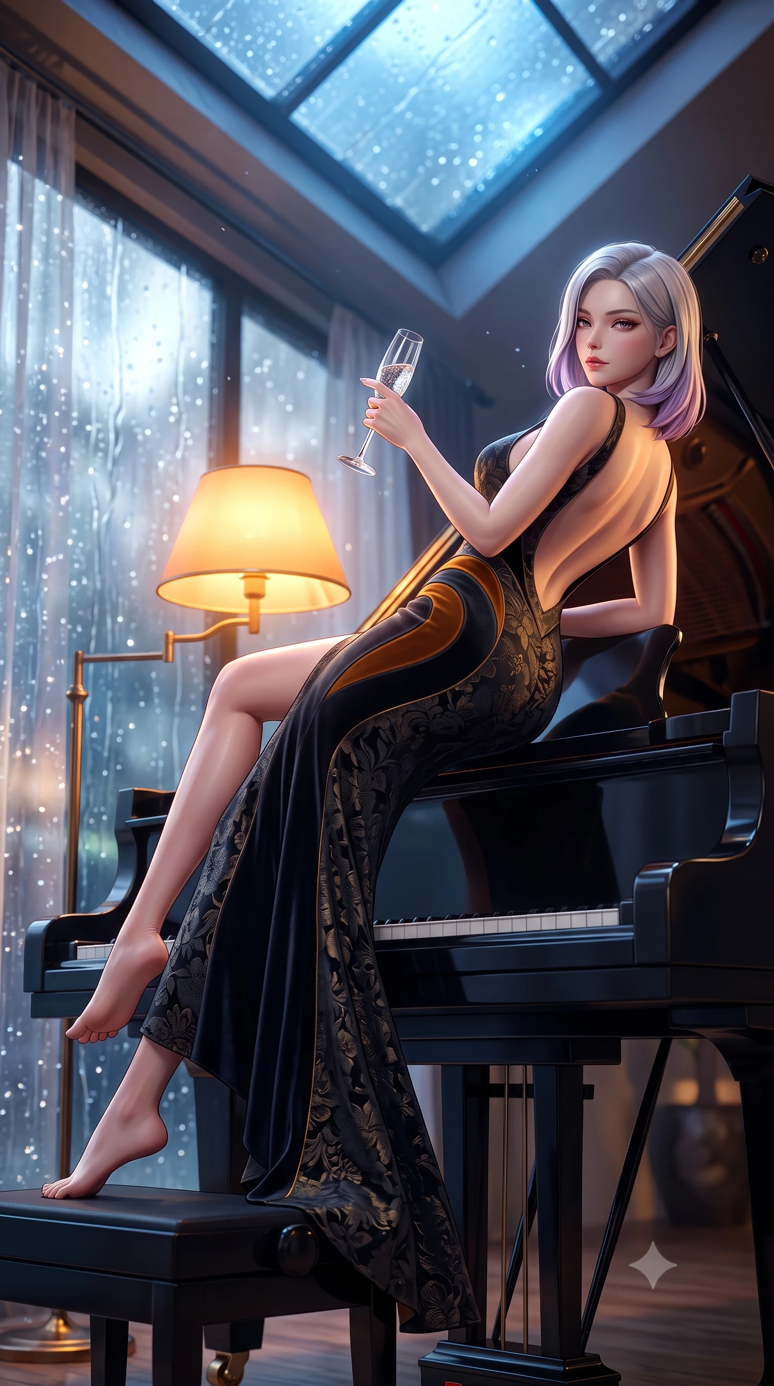 score_9, masterpiece, best quality, ultra-detailed, high-budget anime keyframe, semi-realistic 3D game render, editorial fashion photography, tasteful artistic composition, Caucasian woman. low angle full-body shot from head to toe showing her feet, filling the entire 9:16 vertical frame with her statuesque presence, stretching her vertical silhouette. striding forward in a proud supermodel runway stride, hips swaying in an alluring kinetic rhythm that accentuates her curvy hourglass silhouette while reclining across the polished lacquer lid of a grand piano propped on one elbow, arching her lower back to accentuate her feminine curves as she gazes into the lens. The composition keeps background elements in soft focus with creamy bokeh. streaming glass raindrop tracks and crystal glass refractions scattering melancholic light motes. She has an absolutely perfect, statuesque 8.5-heads proportion, an exceptionally tall and slender model-like female figure with impossibly long slender legs, a toned flat midriff, an ultra-slim waist, and beautifully sculpted feminine hips. sharp v-shaped jawline, high-bridge nose, intricate jewel-like eyes with depth, thick eyelashes, glossy parted lips with a natural sheen, intensely captivating and seductive bedroom-eyes expression, flawlessly proportioned anatomical accuracy, strict slender model proportions, natural body alignment, perfectly sculpted long slender limbs, ultra-slim waistline, clean dynamic posture without body distortion. wearing a form-contouring midnight velvet mermaid gown with curved architectural hip cutouts in rich whiskey amber and dark smoky charcoal, made of rich textured floral silk jacquard with subtle gold thread, accessorized with a crystal champagne flute held in her manicured hand, the dramatically scooped open back descending to the base of her spine, accentuating her razor-sharp statuesque lines and curvy hourglass silhouette. bathed in warm amber incandescent piano lamp glow contrasting with cool blue rain-slicked skylight. highly saturated vibrant anime colors, detailed shading with soft gradients, rich glossy textures, high-contrast stereoscopic depth, volumetric dynamic lighting, master piece, 9:16 ratio