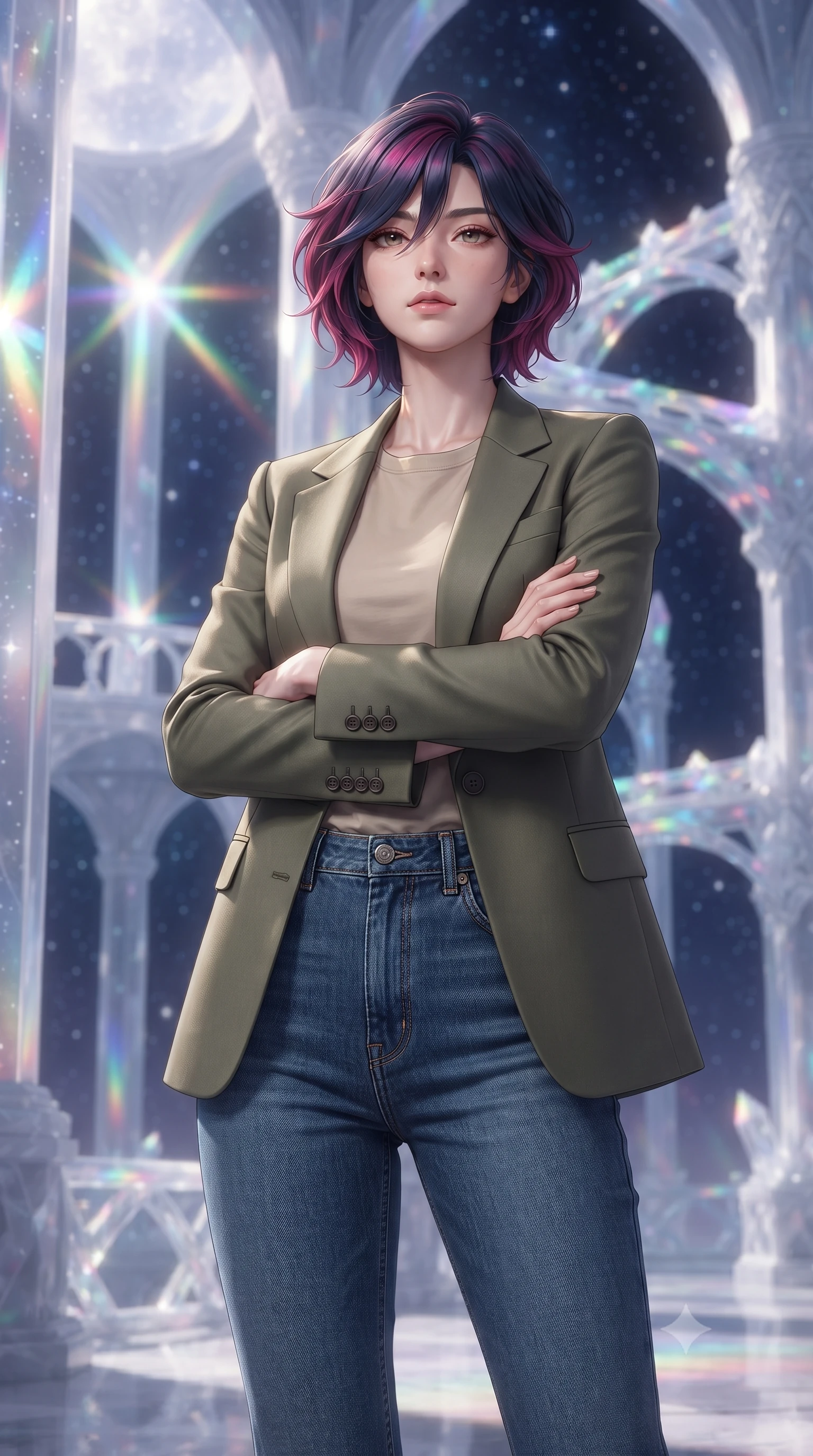 score_9, masterpiece, best quality, ultra-detailed, high-budget anime keyframe, editorial fashion photography, tasteful artistic composition, Korean woman. close-up cowboy shot from the waist and thighs up, the character dominates the composition, filling the frame with her large presence, background elements kept in soft focus. Crossing her arms with serene confidence and chin slightly raised. set against a soft-focus background of a palace carved from the translucent interior of a crystal moon whose walls of clear selenite reveal the star-filled cosmos outside with chambers connected by prismatic crystal bridges and arches. She has an exceptionally elegant and slender, willowy female figure with an ultra-slim waist, a gracefully sculpted slender torso, and a refined slim physique. sharp v-shaped jawline, high-bridge nose, intricate jewel-like eyes with depth, thick eyelashes, glossy lips with a natural sheen. wearing a tailored olive blazer over a beige cotton tee, paired with high-waisted raw indigo denim. starlight filtering through the translucent crystal moon walls creating soft prismatic illumination inside with concentrated rainbow beams at crystal intersection points. 2k, ultra detail, master piece, 9:16 ratio