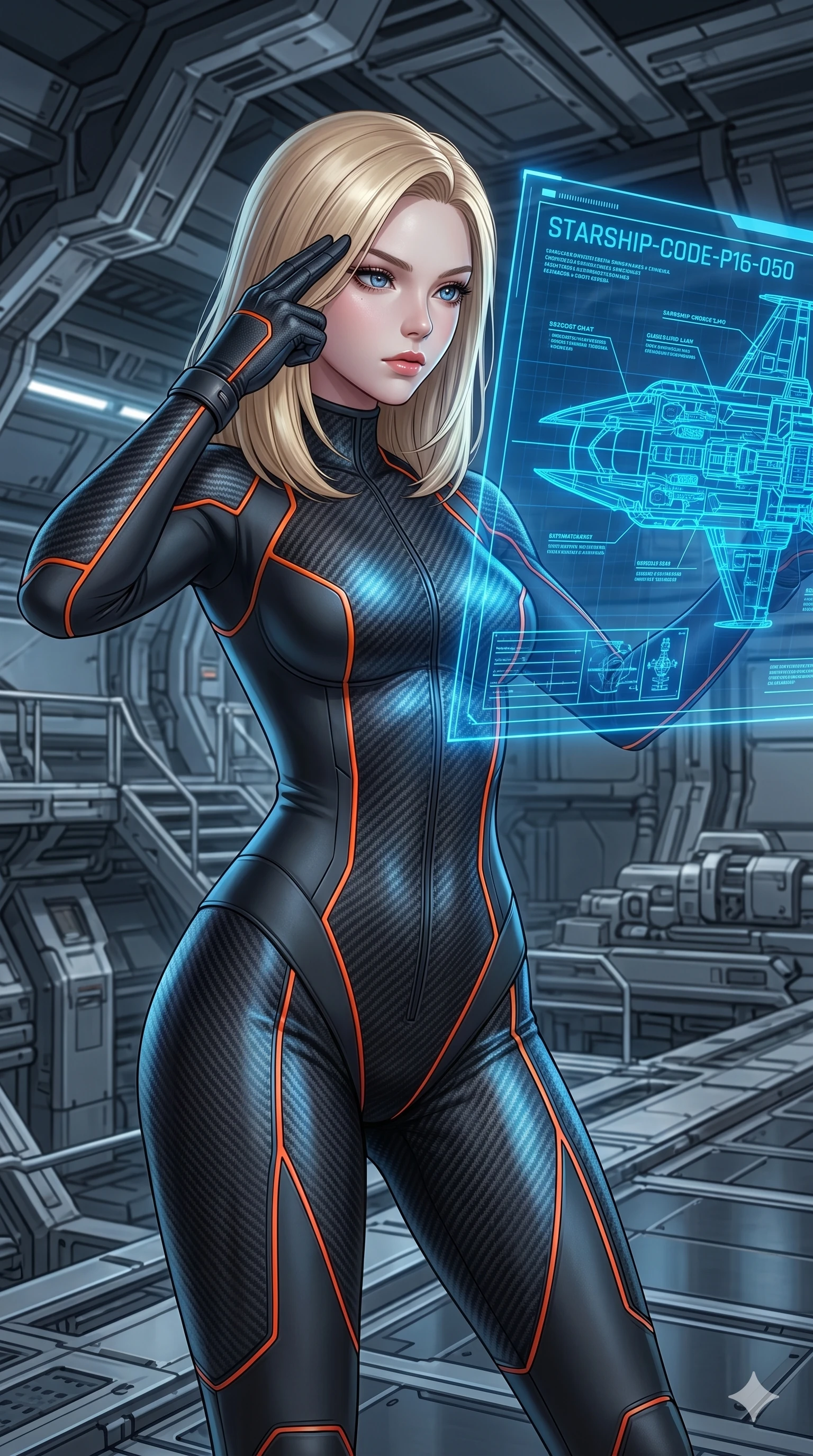score_9, masterpiece, best quality, ultra-detailed, high-budget anime keyframe, editorial fashion photography, tasteful artistic composition, Korean woman. cowboy shot from the thighs up, character and outfit filling the frame for maximum editorial presence. pressing two fingers to her temple, looking at the hologram with quiet, sharp focus in a high-tech hangar bay with a holographic blueprint of a starship (Code-P16-050). She has an absolutely perfect 8-heads proportion, an exceptionally tall and slender female figure with impossibly long slender legs and an ultra-slim waist. V-shaped jawline, high-bridge nose, intricate jewel-like eyes with depth, thick eyelashes, glossy lips with a natural sheen. wearing a second-skin carbon fiber combat suit with neon orange seams and a glove-like fit. cool blue light from the hologram reflecting off her skin and matte suit textures. 2k, ultra detail, master piece, 9:16 ratio