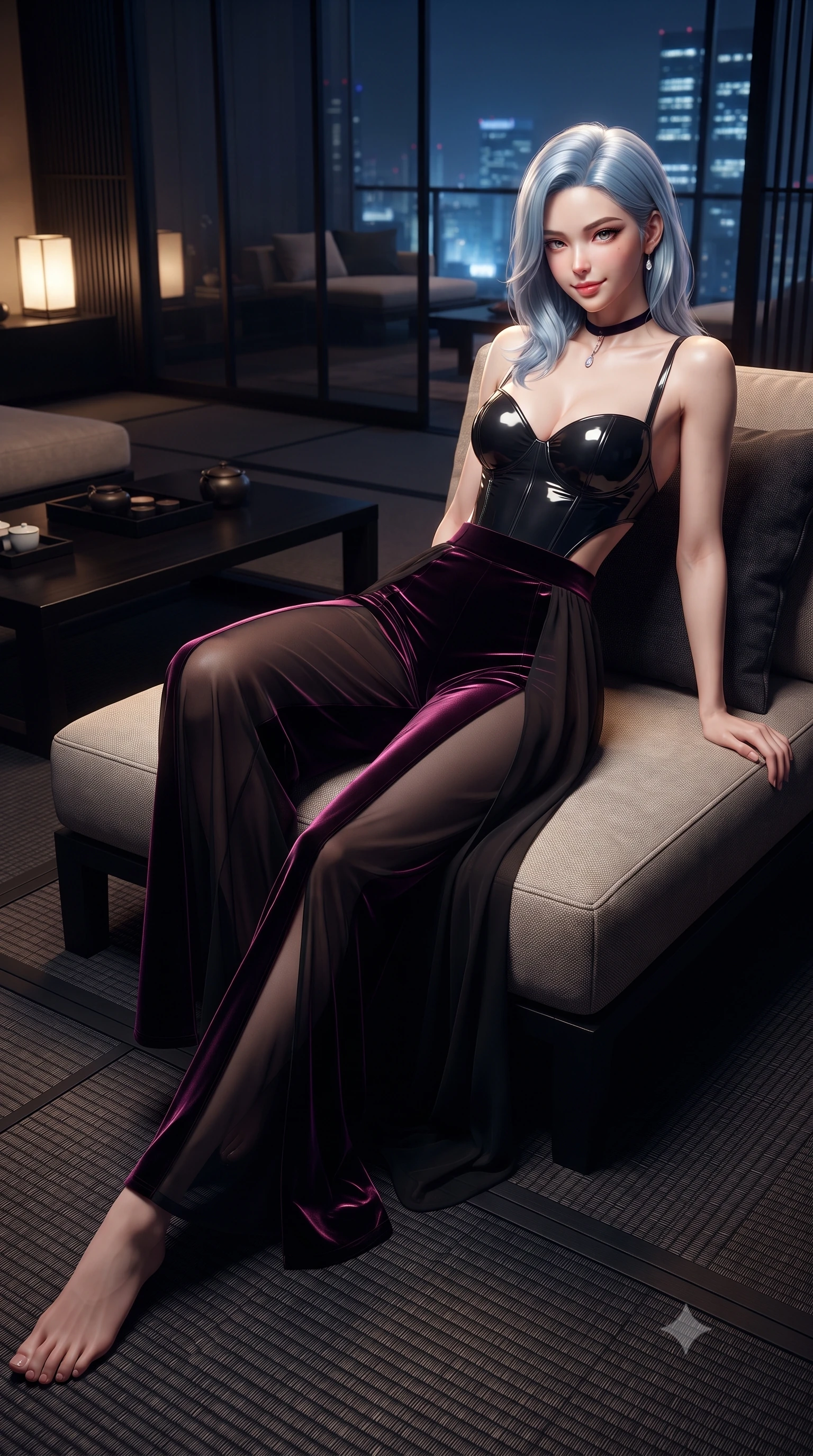 score_9, masterpiece, best quality, ultra-detailed, high-budget anime keyframe, editorial fashion photography, tasteful artistic composition, Korean woman. low angle full-body shot from head to toe showing her feet, filling the entire 9:16 vertical frame with her statuesque presence, stretching her vertical silhouette. reclining gracefully across the plush chaise lounge with one leg extended, her sculpted silhouette and flat midriff radiating magnetic nocturnal glamour while twisting her slender torso in an alluring contrapposto stance, low lacquered ebony tables and sliding smoked glass panels framing her curves. The surrounding environment is rendered in vivid detail and crisp panoramic clarity: sharp textured weave of black washi tatami mats, high-gloss piano-black lacquer reflections, and glass facade joint clarity in deep focus. She has an absolutely perfect, statuesque 8.5-heads proportion, an exceptionally tall and slender model-like female figure with impossibly long slender legs, an ultra-slim waist, a flat toned midriff, narrow delicate ribcage, and beautifully sculpted feminine hips creating a graceful, slim hourglass silhouette without any bulky heaviness. sharp v-shaped jawline, high-bridge nose, sparkling eyes with hypnotic seductive depth, thick curled eyelashes, glossy parted lips with a natural dewy peach sheen, alluring bedroom-eyes with an enchanting coquettish smile, exuding magnetic siren charisma and sophisticated glamour, flawlessly proportioned anatomical accuracy, strict slender model proportions, natural body alignment, perfectly sculpted long slender limbs, ultra-slim waistline, clean dynamic posture without body distortion. wearing a wet-look form-fitting vinyl bustier paired with sheer chiffon high-slit wide-leg trousers in wet-look onyx black with electric magenta reflections, tailored from ultra-plush velvet with rich tactile depth and deep shadow gradients, finished with a thin velvet ribbon choker and a single teardrop diamond pendant, the precision-cut side openings and low-back scoop framing her graceful spine and the sensual sweep of her slim, toned hips. bathed in dramatic low-level warm 3000K floor wash lights mixed with distant blue-and-white city skyline ambient fill. ultra-reflective glossy finish, specular highlights, rich textural contrasts, high-contrast stereoscopic depth, volumetric dynamic lighting, 2k, ultra detail, master piece, 9:16 ratio