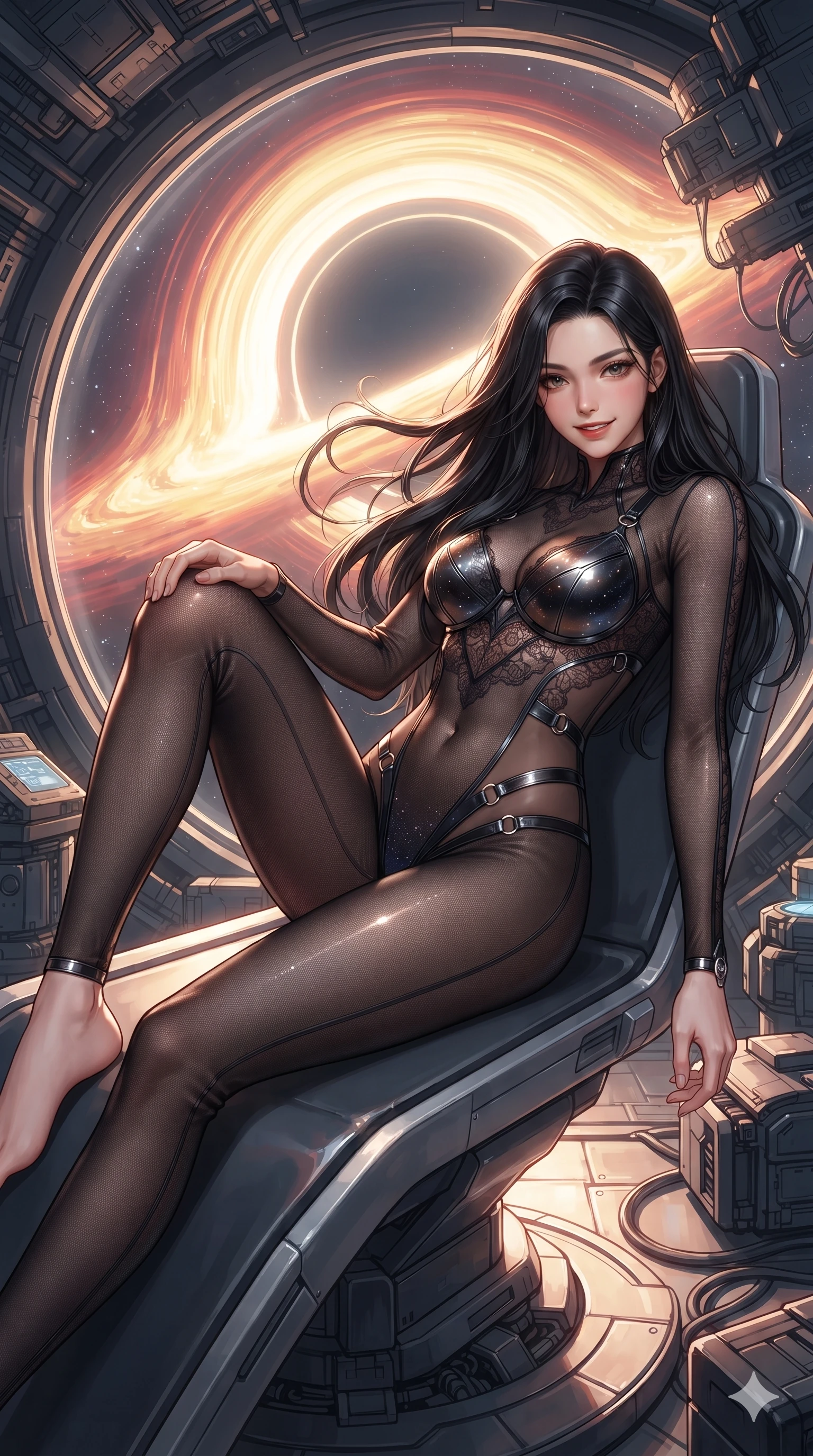 score_9, masterpiece, best quality, ultra-detailed, high-budget anime keyframe, editorial fashion photography, tasteful artistic composition, Korean woman. close-up cowboy shot from the waist and thighs up, the character dominates the composition, filling the frame with her large presence. turning slowly with an enchanting smoldering smile, her glossy hair tossing as her hips angle gracefully in a captivating contrapposto while lounging poised on the anti-gravity observation seat propped on one elbow with legs extended, displaying her long slender limbs against the curved event horizon. The surrounding environment is rendered in vivid detail and crisp panoramic clarity: detailed combat suit weave, blinding accretion light reflections on armor, and deep-space observatory architecture in high clarity. She has an exceptionally elegant, slender, and willowy female figure with an ultra-slim waist, flat toned midriff, narrow ribcage, and sculpted feminine hips creating an alluring, slim hourglass silhouette without bulk. sharp v-shaped jawline, high-bridge nose, intricate jewel-like sparkling eyes with depth, thick eyelashes, glossy parted lips with a natural sheen, bright confident smile with an enchanting and coquettish sensual glint, exuding both youthful magnetic charm and sovereign high-tech allure, flawlessly proportioned anatomical accuracy, strict slender model proportions, natural body alignment, perfectly sculpted long slender limbs, ultra-slim waistline, clean dynamic posture without body distortion. wearing a form-contouring semi-opaque dark mesh catsuit with carbon-plated cups and fine lace-pattern panels across her torso in cosmic eclipse amber and starlight diamond, featuring strategic sheer-illusion tulle side panels framing her ribcage and hips, finished with sharp laser-cut side ventilation slits framed by silver hardware rings, the glove-like clinging cut tightly following the natural contour of her hips and long slender legs with youthful 8.5-heads elegance. bathed in intense, blazing golden and crimson relativistic light streaming from the accretion disk through massive transparent viewports. ultra-reflective glossy finish, specular highlights, rich textural contrasts, high-contrast stereoscopic depth, volumetric dynamic lighting, 2k, ultra detail, master piece, 9:16 ratio