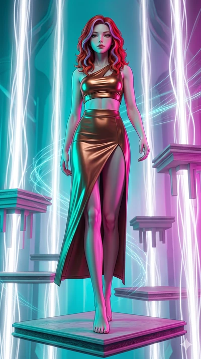 score_9, masterpiece, best quality, ultra-detailed, high-budget anime keyframe, editorial fashion photography, tasteful artistic composition, Caucasian woman, strictly human ears. low angle full-body shot from head to toe showing her feet, filling th