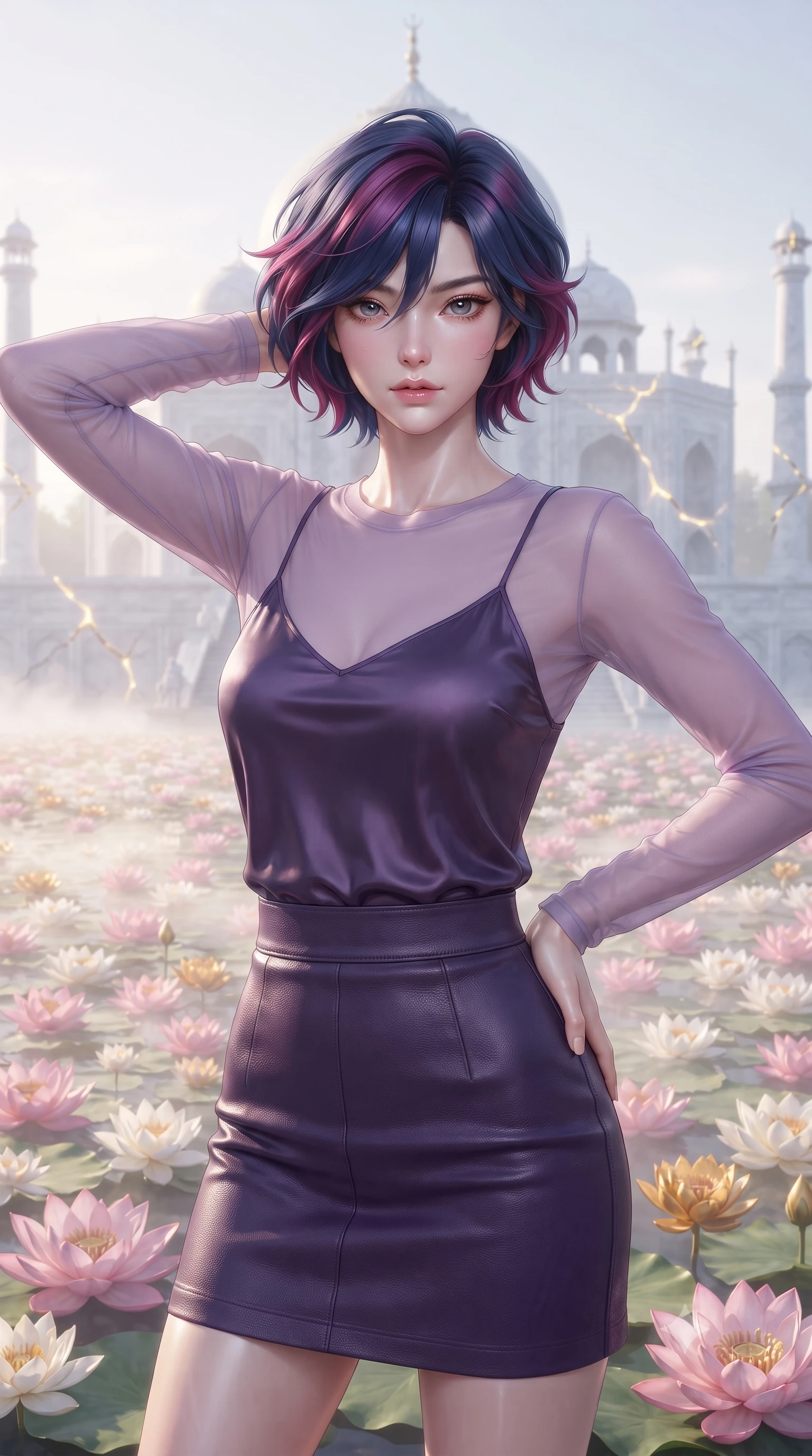 score_9, masterpiece, best quality, ultra-detailed, high-budget anime keyframe, editorial fashion photography, tasteful artistic composition, Korean woman. close-up cowboy shot from the waist and thighs up, the character dominates the composition, filling the frame with her large presence, background elements kept in soft focus. Placing one hand behind her head with confident body language and a direct stare. set against a soft-focus background of a serene white marble temple in the center of a vast lake completely covered in blooming lotus flowers in pink white and gold their petals open to the morning sun with mist hovering just above the flower carpet. She has an exceptionally elegant and slender, willowy female figure with an ultra-slim waist, a gracefully sculpted slender torso, and a refined slim physique. sharp v-shaped jawline, high-bridge nose, intricate jewel-like eyes with depth, thick eyelashes, glossy lips with a natural sheen. wearing a sheer long-sleeve top in lavender, paired with a high-waisted dark purple leather skirt. glowing kintsugi gold light radiating from cracks in the environment creating a majestic inner glow. 2k, ultra detail, master piece, 9:16 ratio