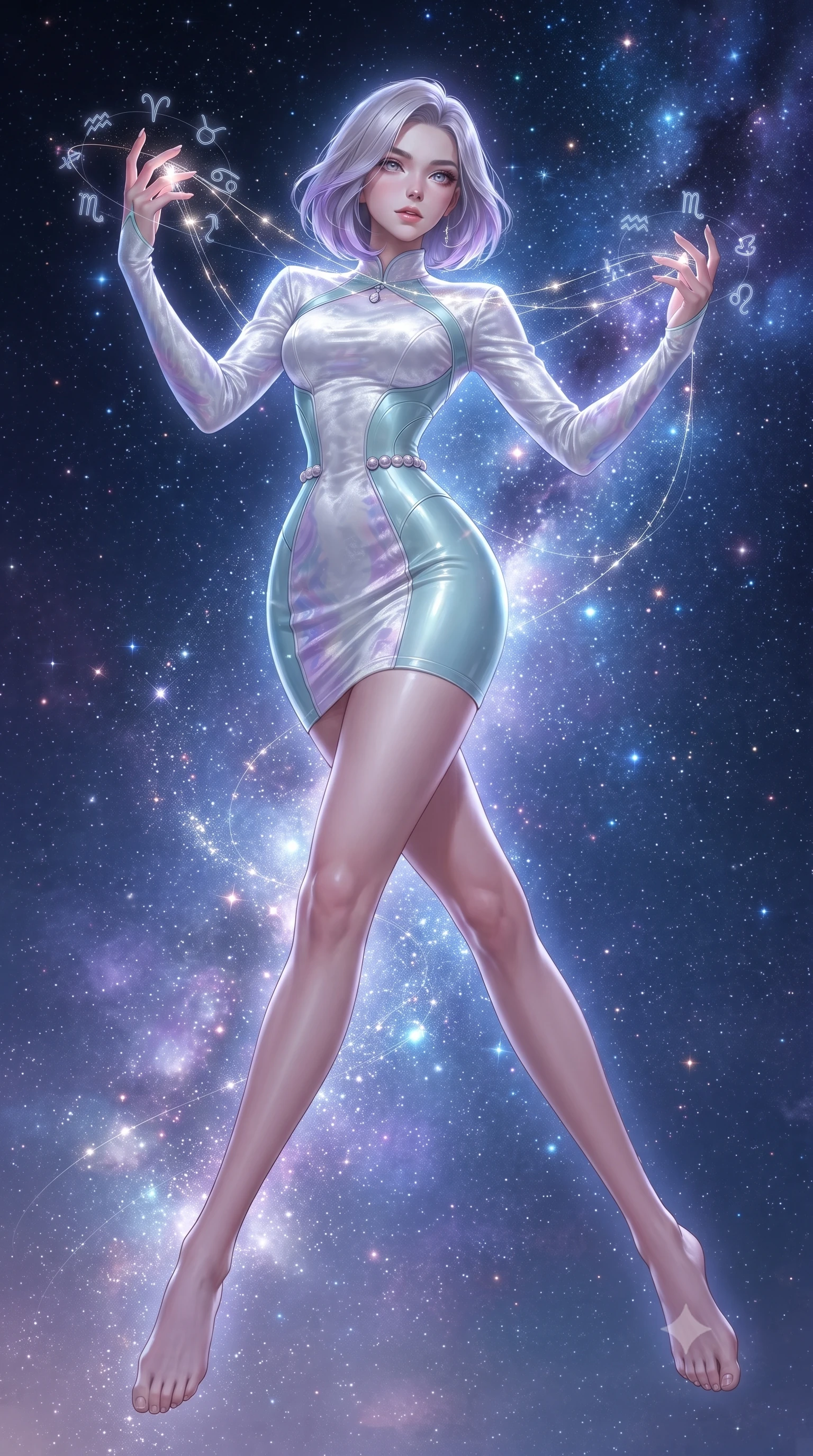 score_9, masterpiece, best quality, ultra-detailed, high-budget anime keyframe, editorial fashion photography, tasteful artistic composition, Caucasian woman. low angle full-body shot from head to toe showing her feet, filling the entire 9:16 vertical frame with her statuesque presence, stretching her vertical silhouette. leaping dynamically through the luminous sky, her posture full of power and elegance, threading luminous starlight filaments through an ancient cosmic loom, translucent zodiac glyphs orbiting her delicate fingertips. She has an absolutely perfect, statuesque 8.5-heads proportion, an exceptionally tall and slender model-like female figure with impossibly long slender legs and an ultra-slim waist. sharp v-shaped jawline, high-bridge nose, intricate jewel-like eyes with depth, thick eyelashes, glossy lips with a natural sheen. wearing glove-like fit pale turquoise latex bodycon mini dress in pastel lavender violet, made of crushed white silk velvet, adorned with minimalist pearl hardware framing the waistline, contouring every curve with an exceptionally elegant silhouette. surrounded by a glowing aura of starlight and shimmering celestial dust. ultra-reflective glossy finish, specular highlights, metallic sheen, high-contrast stereoscopic depth, volumetric dynamic lighting, 2k, ultra detail, master piece, 9:16 ratio