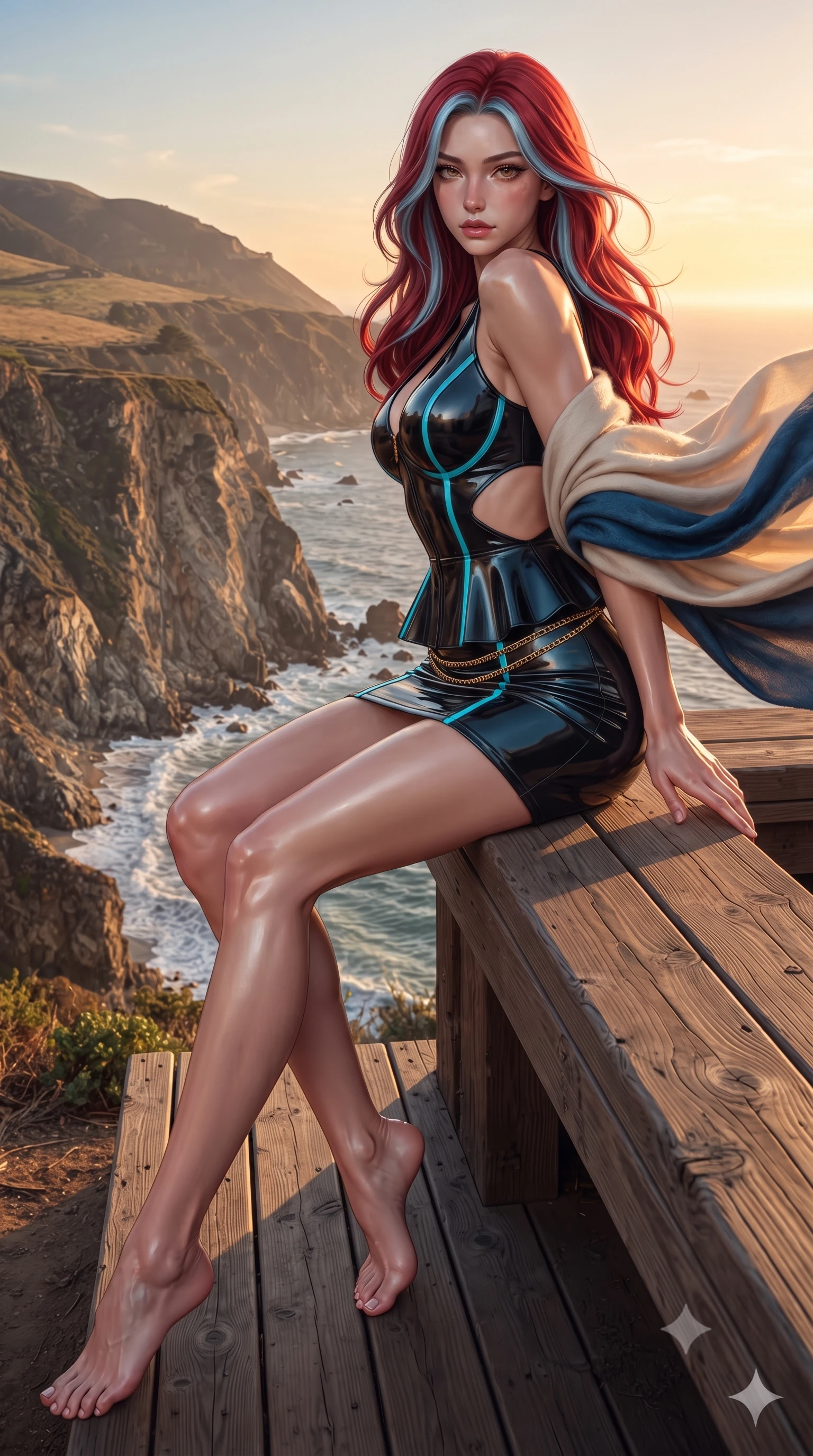 score_9, masterpiece, best quality, ultra-detailed, high-budget anime keyframe, editorial fashion photography, tasteful artistic composition, Caucasian woman. low angle full-body shot from head to toe showing her feet, filling the entire 9:16 vertical frame with her statuesque presence, stretching her vertical silhouette. sitting perched on the elevated edge with hips angled toward the camera and legs crossed, displaying her toned midriff and flawlessly sculpted slender limbs while standing poised on the cliff edge terrace, twisting her slender torso in an alluring contrapposto stance as the cool Pacific breeze whips her cashmere shawl. The surrounding environment is rendered in vivid detail and crisp panoramic clarity. detailed cashmere knit drape, sunset specular sheen on skin, and Big Sur coastline clarity in high resolution. She has an exceptionally tall and slender model-like 8.5-heads proportion, an ultra-slim waist, a flat toned midriff, narrow delicate ribcage, and beautifully sculpted feminine hips creating a graceful, slim hourglass silhouette without any bulky heaviness, with impossibly long slender legs. sharp v-shaped jawline, high-bridge nose, intricate jewel-like eyes with depth, thick eyelashes, glossy parted lips with a natural sheen, intensely captivating and seductive bedroom-eyes expression, flawlessly proportioned anatomical accuracy, strict slender model proportions, natural body alignment, perfectly sculpted long slender limbs, ultra-slim waistline, clean dynamic posture without body distortion. wearing a modern peplum corset dress with side-waist diamond cutouts and an ultra-tight silhouette in neon electric cyan and lacquer black, tailored from second-skin aerodynamic stretch vinyl with specular wet sheen, accented with a delicate gold chain belt resting loosely on her curvy hips, the second-skin form-contouring cut accentuating her sculpted flat midriff, narrow delicate ribcage, and gracefully curvy hips with supermodel precision. illuminated by warm cedar deck bounce light sharply defining her sculpted collarbones, ultra-slim waist, and curvy hips. ultra-reflective glossy finish, specular highlights, rich textural contrasts, high-contrast stereoscopic depth, volumetric dynamic lighting, 2k, ultra detail, master piece, 9:16 ratio