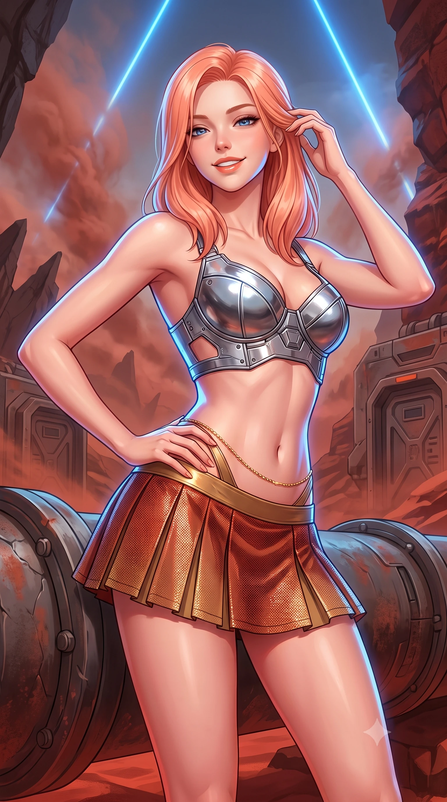 score_9, masterpiece, best quality, ultra-detailed, high-budget anime keyframe, semi-realistic 3D game render, editorial fashion photography, tasteful artistic composition, Japanese woman. close-up cowboy shot from the waist and thighs up, the character dominates the composition, filling the frame with her large presence. twisting her slender torso in an alluring contrapposto stance, one hand resting on her sculpted hip while her fingers toy with her hair with effortless poise while leaning against the heavy terraforming conduit with hips cocked back, watching blue atmospheric ionization lasers pierce red dust storms with smoldering bedroom-eyes. The surrounding environment is rendered in vivid detail and crisp panoramic clarity: sharp basalt rock fracture lines, oxidized iron red rock textures, and heavy industrial airlock seals in deep focus. She has an exceptionally elegant, slender, and willowy female figure with an ultra-slim waist, flat toned midriff, narrow ribcage, and sculpted feminine hips creating an alluring, slim hourglass silhouette without bulk. sharp v-shaped jawline, high-bridge nose, intricate jewel-like sparkling eyes with depth, thick eyelashes, glossy parted lips with a natural peach sheen, bright cheerful beaming smile with an enchanting and coquettish sensual glint, exuding both youthful cute charm and seductive allure, flawlessly proportioned anatomical accuracy, strict slender model proportions, natural body alignment, perfectly sculpted long slender limbs, ultra-slim waistline, clean dynamic posture without body distortion. wearing a chrome-plated tactical combat bustier top with reinforced underwire paired with a low-rise pleated micro combat skirt in Martian desert terracotta and dust-storm gold, crafted from stretch micro-mesh with liquid foil coating that shimmers with every movement, accented with a dainty gold belly chain resting across her flat midriff and curving hips, the precision-cut side openings and low-back scoop framing her graceful spine and the sensual sweep of her slim, toned hips. illuminated by red sand reflection bounce and sharp cobalt-blue laser rim lights sculpting her jawline, narrow waist, and curvy hips. highly saturated vibrant anime colors, detailed shading with soft gradients, rich glossy textures, high-contrast stereoscopic depth, volumetric dynamic lighting, master piece, 9:16 ratio