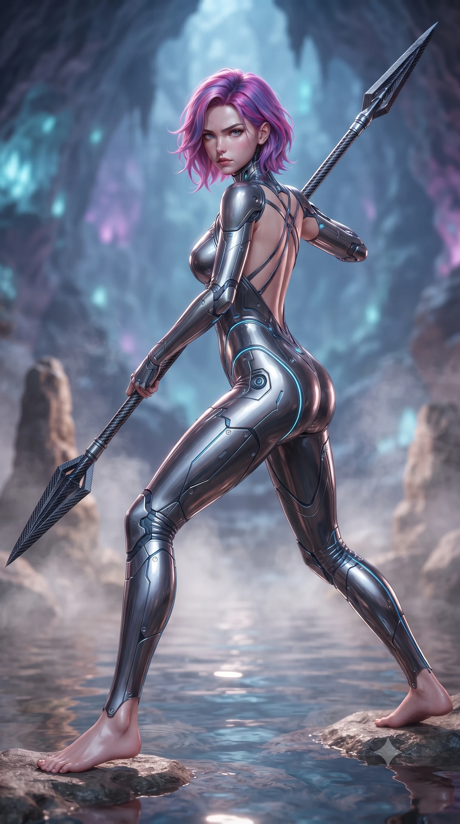 score_9, masterpiece, best quality, ultra-detailed, high-budget anime keyframe, editorial fashion photography, tasteful artistic composition, Caucasian woman. low angle full-body shot from head to toe showing her feet, filling the entire 9:16 vertical frame with her statuesque presence, stretching her vertical silhouette. standing in a dynamic combat stance with a carbon-fiber spear held diagonally, stretching her statuesque body, the background shows a soft-focus a mineral water pool inside a geode cave, with steam rising around rocks. She has an absolutely perfect, statuesque 8.5-heads proportion, an exceptionally tall and slender model-like female figure with impossibly long slender legs and an ultra-slim waist. sharp v-shaped jawline, high-bridge nose, intricate jewel-like eyes with depth, thick eyelashes, glossy lips with a natural sheen. wearing a form-contouring low-cut cybernetic bodysuit with open-back design and thin structural straps crossing her bare shoulder blades. soft flickering light from glowing lichen reflecting off the water surface. ultra-reflective glossy finish, specular highlights, metallic sheen, high-contrast stereoscopic depth, volumetric dynamic lighting, 2k, ultra detail, master piece, 9:16 ratio