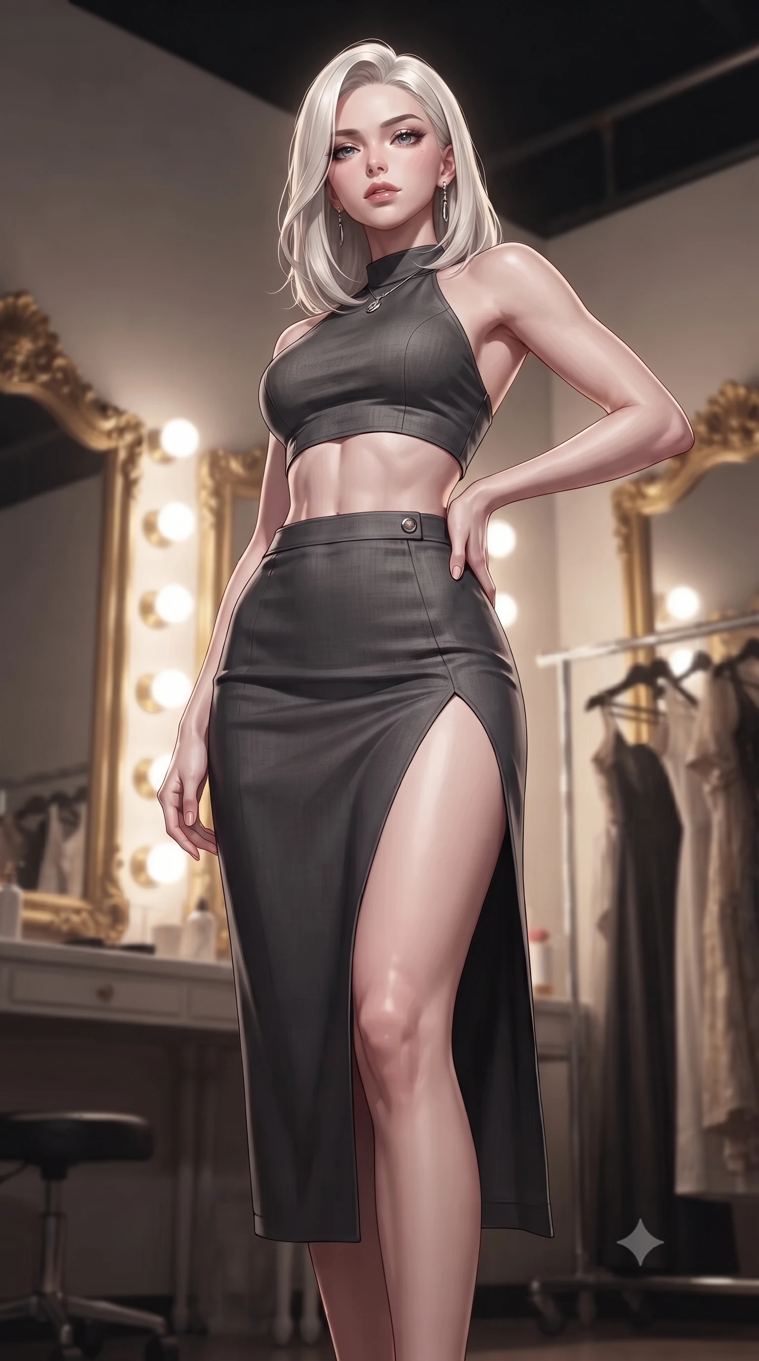 score_9, masterpiece, best quality, ultra-detailed, high-budget anime keyframe, editorial fashion photography, tasteful artistic composition, Caucasian woman. low angle full-body shot from head to toe showing her feet, filling the entire 9:16 vertical frame with her statuesque presence, stretching her vertical silhouette. posing confidently with one hand on her hip, stretching her statuesque body to emphasize her curves the background shows a soft-focus the backstage lounge of an opera house with gold mirrors and vintage costume racks. She has an absolutely perfect, statuesque 8.5-heads proportion, an exceptionally tall and slender model-like female figure with impossibly long slender legs and an ultra-slim waist. sharp v-shaped jawline, high-bridge nose, intricate jewel-like eyes with depth, thick eyelashes, glossy lips with a natural sheen. wearing a body-hugging linen halter-neck crop top paired with a matching high-slit midi skirt, revealing a sculpted midriff. bright vanity spotlights casting detailed front lighting with soft back shadow. ultra-reflective glossy finish, specular highlights, metallic sheen, high-contrast stereoscopic depth, volumetric dynamic lighting, 2k, ultra detail, master piece, 9:16 ratio