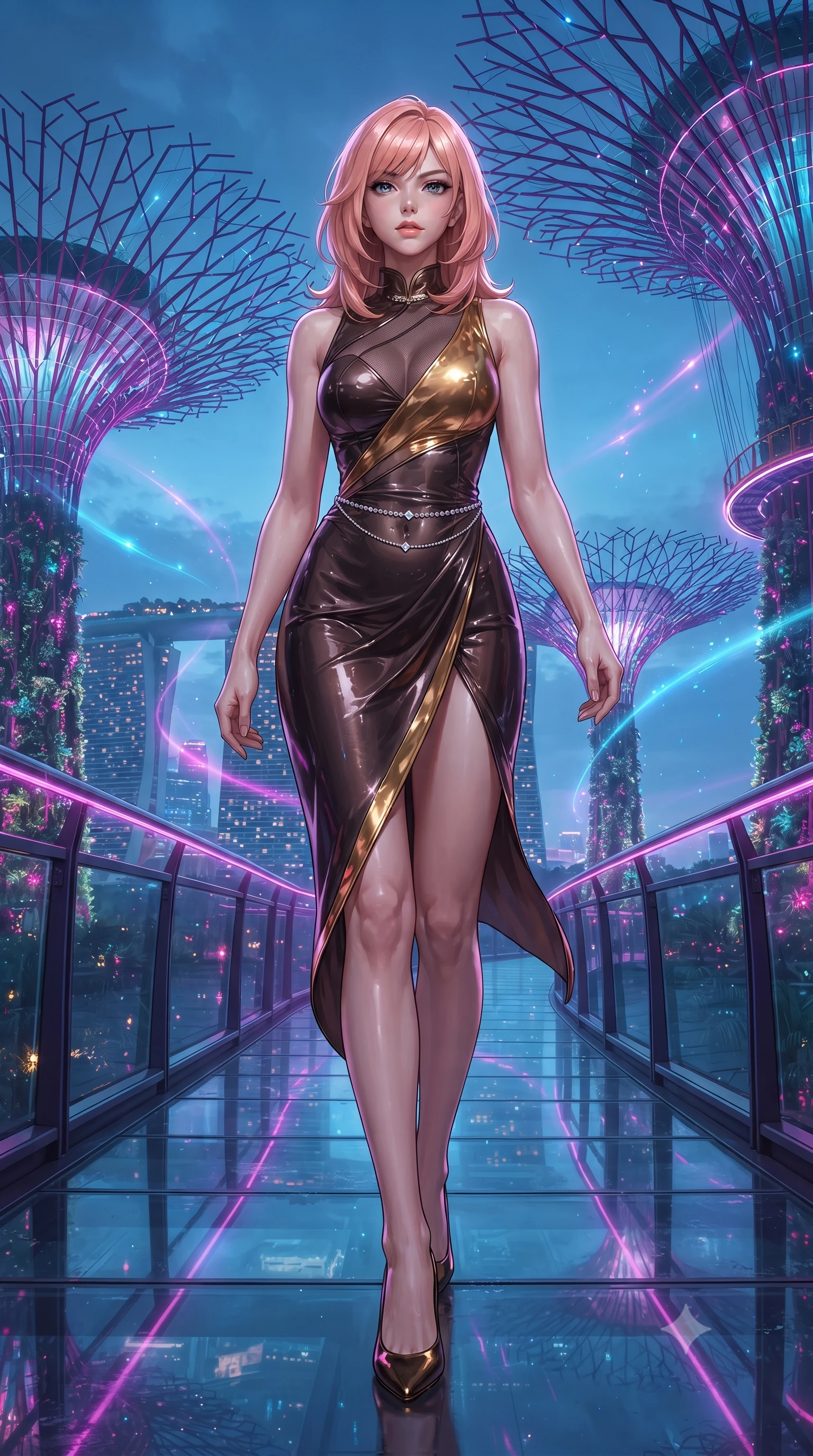 score_9, masterpiece, best quality, ultra-detailed, high-budget anime keyframe, editorial fashion photography, tasteful artistic composition, Japanese woman. low angle full-body shot from head to toe showing her feet, filling the entire 9:16 vertical frame with her statuesque presence, stretching her vertical silhouette. striding forward in a proud supermodel runway stride, hips swaying in an alluring kinetic rhythm that accentuates her curvy hourglass silhouette while striding along the elevated glass skyway woven between giant glowing biomimetic supertrees, arching her back as luminous magenta spores drift through the humid evening air. The surrounding environment is rendered in vivid detail and crisp panoramic clarity. detailed dress fabric sheen, neon reflection clarity, and futuristic Singapore skyline in high resolution. She has an exceptionally tall and slender model-like 8.5-heads proportion, an ultra-slim waist, a flat toned midriff, narrow delicate ribcage, and beautifully sculpted feminine hips creating a graceful, slim hourglass silhouette without any bulky heaviness, with impossibly long slender legs. sharp v-shaped jawline, high-bridge nose, intricate jewel-like eyes with depth, thick eyelashes, glossy parted lips with a natural sheen, intensely captivating and seductive bedroom-eyes expression, flawlessly proportioned anatomical accuracy, strict slender model proportions, natural body alignment, perfectly sculpted long slender limbs, ultra-slim waistline, clean dynamic posture without body distortion. wearing a wet-look silk fusion wrap dress with asymmetrical sheer mesh cutouts and high Mandarin collar in dark espresso brown and molten gold foil, tailored from second-skin aerodynamic stretch vinyl with specular wet sheen, accented with a dainty diamond waist chain catching the ambient light reflections, the form-contouring material adhering flawlessly to her sculpted flat midriff and slender torso, emphasizing her long leg lines and perfectly proportioned willowy build. illuminated by wet glass specular reflections sculpting her razor-sharp jawline, narrow waist, and curvy hips. ultra-reflective glossy finish, specular highlights, rich textural contrasts, high-contrast stereoscopic depth, volumetric dynamic lighting, 2k, ultra detail, master piece, 9:16 ratio
