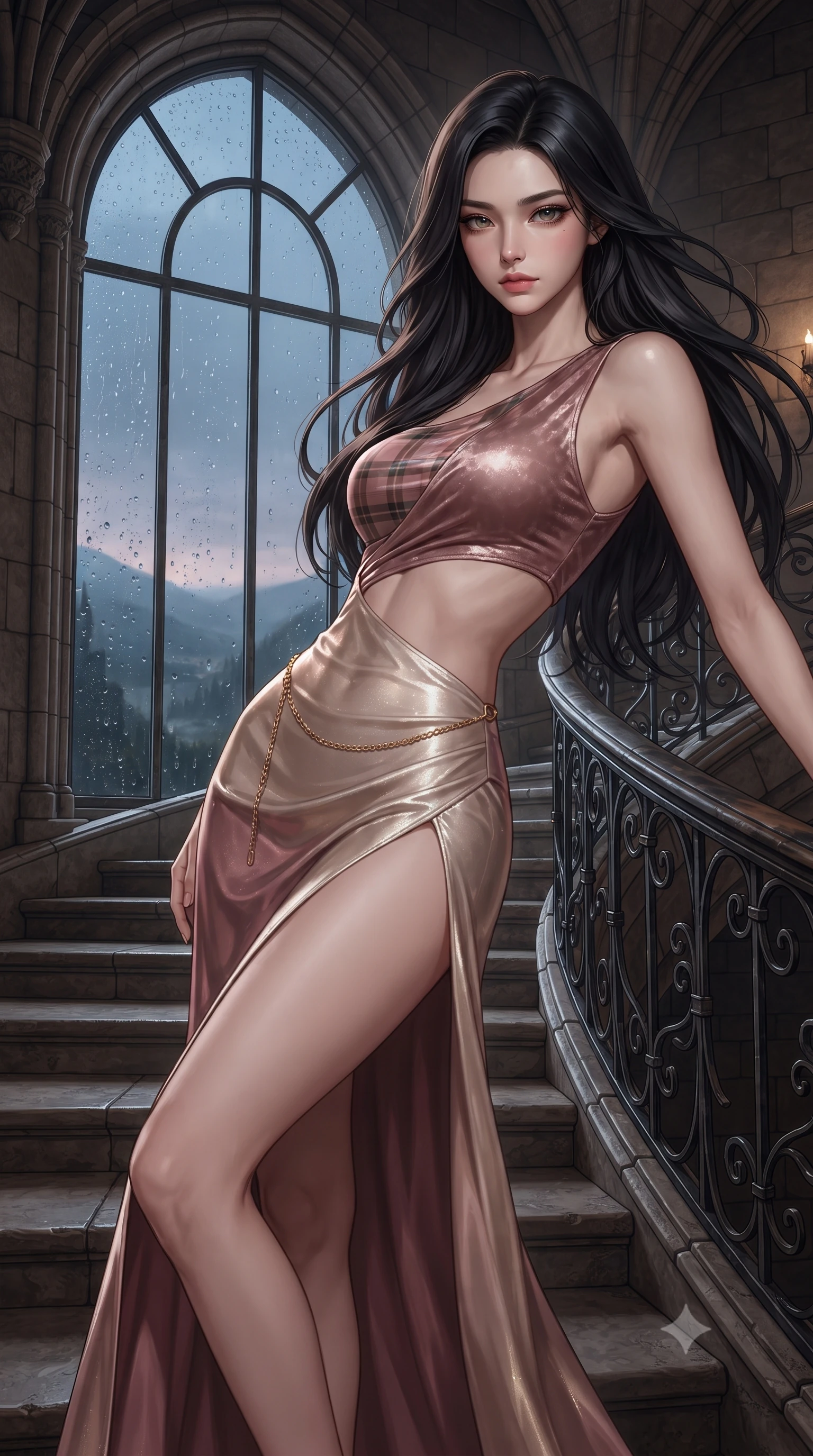 score_9, masterpiece, best quality, ultra-detailed, high-budget anime keyframe, editorial fashion photography, tasteful artistic composition, Korean woman. close-up cowboy shot from the waist and thighs up, the character dominates the composition, filling the frame with her large presence. leaning back with relaxed seductive grace, her sculpted collarbones and narrow waist highlighted as she casts smoldering bedroom-eyes directly into the camera while gliding down the spiraling stone castle staircase with supermodel poise, her high-slit skirt opening to reveal her long slender legs and curvy hips. The surrounding environment is rendered in vivid detail and crisp panoramic clarity. detailed tartan weave patterns, velvet fabric pile sheen, and rain droplet beads on glass in high clarity. She has an exceptionally elegant, slender, and willowy female figure with an ultra-slim waist, flat toned midriff, narrow ribcage, and sculpted feminine hips creating an alluring, slim hourglass silhouette without bulk. sharp v-shaped jawline, high-bridge nose, intricate jewel-like eyes with depth, thick eyelashes, glossy parted lips with a natural sheen, intensely captivating and seductive bedroom-eyes expression, flawlessly proportioned anatomical accuracy, strict slender model proportions, natural body alignment, perfectly sculpted long slender limbs, ultra-slim waistline, clean dynamic posture without body distortion. wearing a tailored tartan-wool and crushed-velvet corseted gala gown with an architectural open-waist cutout and high-cut thigh slit in dusky blush rose and shimmering champagne shimmer, tailored from second-skin aerodynamic stretch vinyl with specular wet sheen, accented with a delicate gold chain belt resting loosely on her curvy hips, the liquid-tight tailored fabric clinging flawlessly to her narrow waist and rounded feminine hips, emphasizing every millimeter of her sculpted slim hourglass curves without any bulky heaviness. illuminated by crisp directional rim lighting sharply carving her razor-sharp jawline, narrow waist, and curvy hips. ultra-reflective glossy finish, specular highlights, rich textural contrasts, high-contrast stereoscopic depth, volumetric dynamic lighting, 2k, ultra detail, master piece, 9:16 ratio