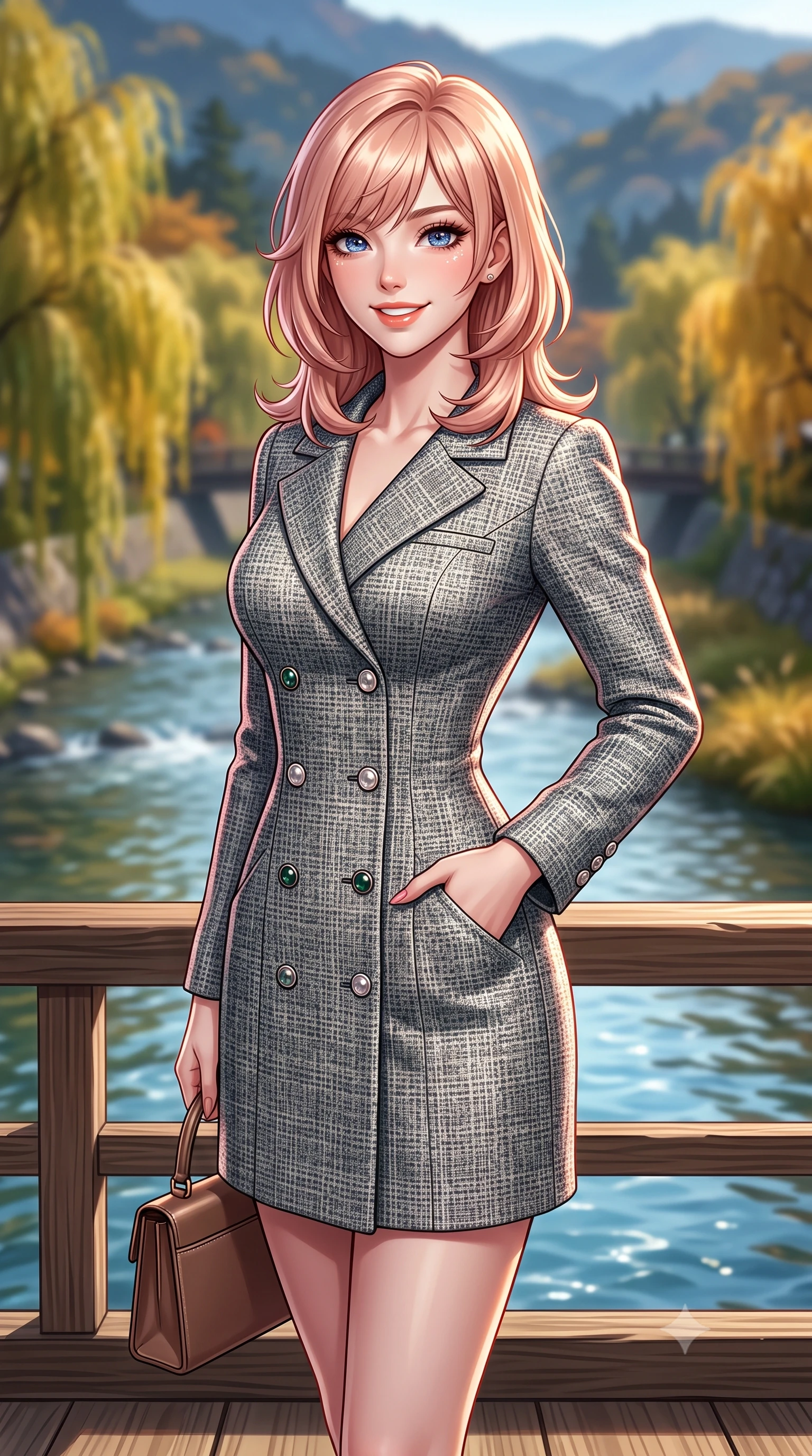 score_9, masterpiece, best quality, ultra-detailed, high-budget anime keyframe, semi-realistic 3D game render, editorial fashion photography, tasteful artistic composition, Japanese woman. close-up cowboy shot from the waist and thighs up, the character dominates the composition, filling the frame with her large presence. standing poised with one hand slipped into her tailored trouser pocket, head tilted in a friendly, engaging expression while standing poised on the wooden kawayuka deck suspended over the clear riverbank, looking out at autumn willows with a bright, beaming smile. The background shows a soft-focus clear flowing Kamogawa river waters, weeping willow trees turning gold along riverbanks, and distant Higashiyama hills blurred into indigo, golden olive, and slate bokeh. She has an exceptionally elegant, slender, and willowy female figure with an ultra-slim waist, flat toned midriff, narrow ribcage, and sculpted feminine hips creating an alluring, slim hourglass silhouette without bulk. sharp v-shaped jawline, high-bridge nose, intricate jewel-like sparkling eyes with depth, thick eyelashes, glossy parted lips with a natural peach sheen, bright cheerful beaming smile with an enchanting and coquettish sensual glint, exuding both youthful cute charm and seductive allure, flawlessly proportioned anatomical accuracy, strict slender model proportions, natural body alignment, perfectly sculpted long slender limbs, ultra-slim waistline, clean dynamic posture without body distortion. wearing a structured double-breasted tweed dress with notched lapels, long sleeves, and decorative mother-of-pearl buttons in St. Moritz pine forest emerald and heather grey, crafted from fluid mulberry silk twill with an understated lustrous pearl finish, finished with a structured leather top-handle mini bag resting gracefully at her side, the precision-cut high-waisted tailoring accentuating her ultra-slim waist and long slender leg line with immaculate aristocratic poise. illuminated by river water specular reflection bounce and sharp copper-rose rim lights sculpting her jawline, narrow waist, and graceful model proportions. highly saturated vibrant anime colors, detailed shading with soft gradients, rich glossy textures, high-contrast stereoscopic depth, volumetric dynamic lighting, master piece, 9:16 ratio