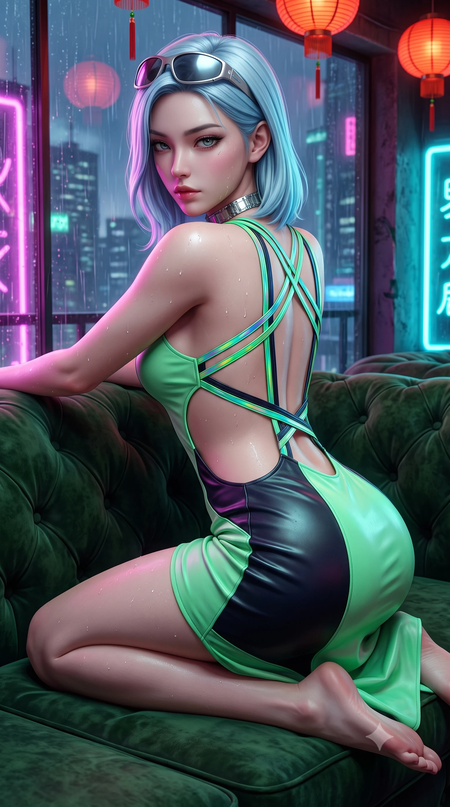score_9, masterpiece, best quality, ultra-detailed, high-budget anime keyframe, semi-realistic 3D game render, editorial fashion photography, tasteful artistic composition, Korean woman. close-up cowboy shot from the waist and thighs up, the character dominates the composition, filling the frame with her large presence. leaning back with relaxed seductive grace, her sculpted collarbones and narrow waist highlighted as she casts smoldering bedroom-eyes directly into the camera while reclining on a vintage velvet Chesterfield sofa inside a rain-streaked rooftop teahouse, one knee drawn up in a seductive Cleopatra pose. The surrounding environment is rendered in vivid detail and crisp panoramic clarity. detailed embroidered silk qipao fabric sheen, raindrops on skin, and cyberpunk cityscape in high clarity. She has an exceptionally elegant, slender, and willowy female figure with an ultra-slim waist, a gracefully sculpted slender torso, toned flat midriff, and rounded feminine hips creating an alluring hourglass silhouette. sharp v-shaped jawline, high-bridge nose, intricate jewel-like eyes with depth, thick eyelashes, glossy parted lips with a natural sheen, intensely captivating and seductive bedroom-eyes expression, flawlessly proportioned anatomical accuracy, strict slender model proportions, natural body alignment, perfectly sculpted long slender limbs, ultra-slim waistline, clean dynamic posture without body distortion. wearing a daring open-back neon party dress with crossed holographic straps and bodycon fit in neon mint green and dark obsidian, crafted from supple second-skin lambskin leather with liquid drape, accessorized with cyber-visor sunglasses resting on her brow and chunky silver choker, the precision-cut side openings and low-back scoop framing her graceful spine and the sensual sweep of her hips. bathed in vibrant magenta and electric cyan neon light contrasting with warm lantern scarlet downlights. highly saturated vibrant anime colors, detailed shading with soft gradients, rich glossy textures, high-contrast stereoscopic depth, volumetric dynamic lighting, master piece, 9:16 ratio
