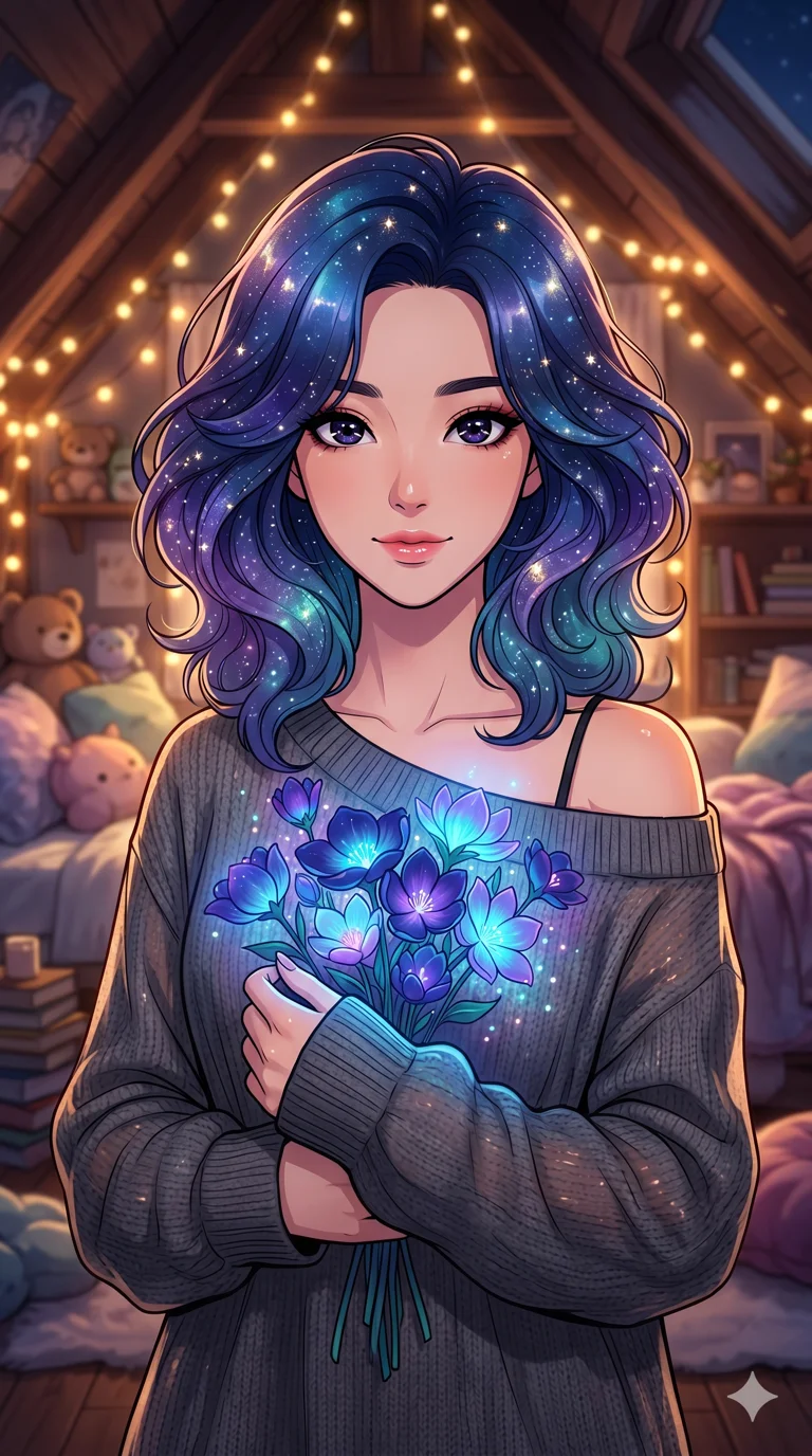 score_9, masterpiece, best quality, ultra-detailed, high-budget anime keyframe, vibrant colors and expressive line art, an incredibly beautiful Korean woman. Medium shot of upper body focusing on her alluring and cute features and her galaxy-themed hair featuring deep midnight blue with sparkling silver and purple stardust highlights, filling the vertical 9:16 frame. She is holding a bouquet of bioluminescent flowers that match her hair. She has a sharp v-shaped jawline, high-bridge nose, intricate jewel-like eyes, thick eyelashes, and glossy lips. She possesses an absolutely perfect 8-heads proportion and a slim-fit silhouette. She is wearing a sheer fabric oversized sweater that falls off one shoulder, revealing a slim strap, highlighting her alluring silhouette. a cozy attic bedroom filled with fairy lights and plushies, dramatic rim lighting, cinematic shadows, 2k, ultra detail, master piece, 9:16 ratio