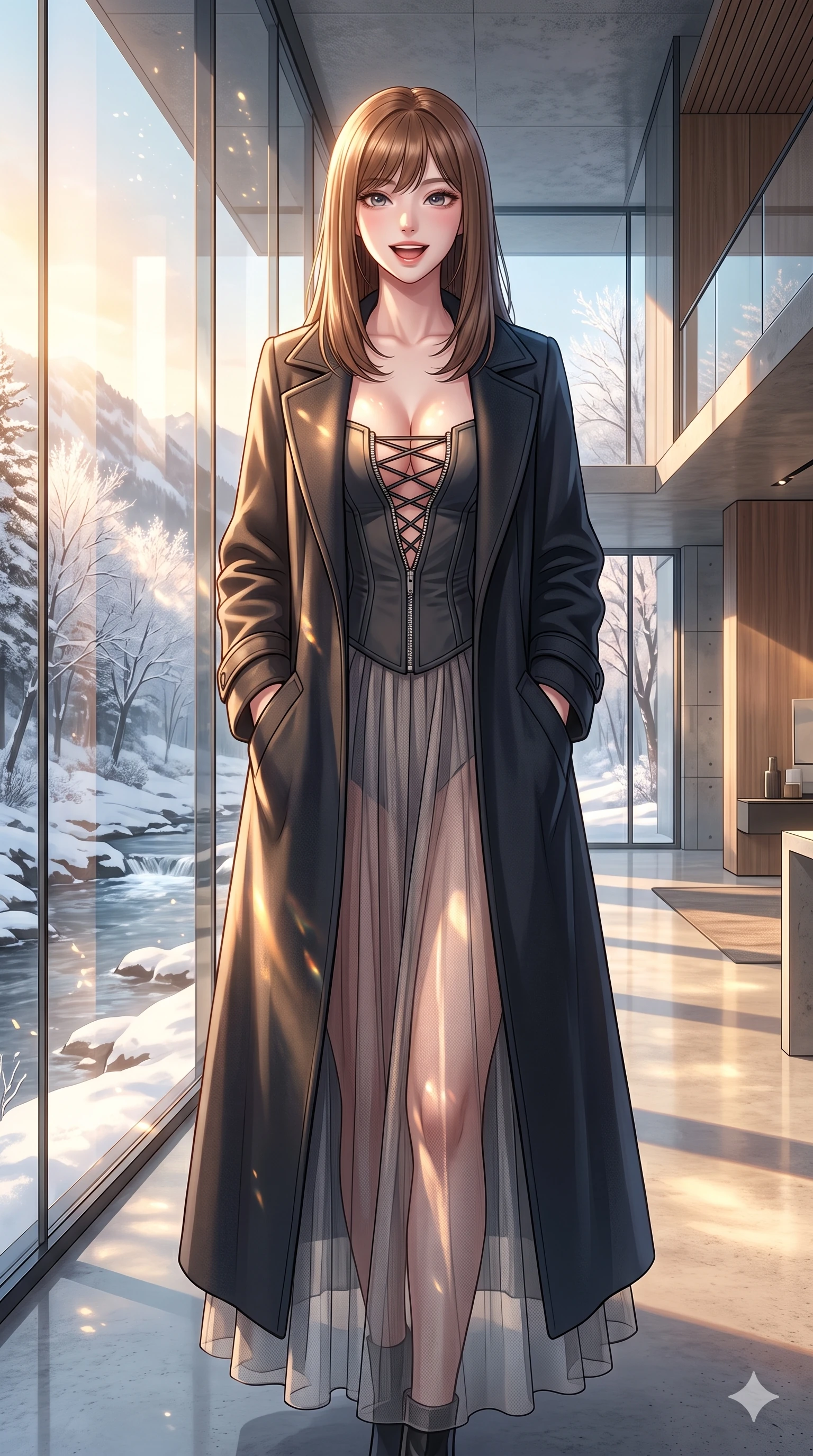 score_9, masterpiece, best quality, ultra-detailed, high-budget anime keyframe, vibrant anime aesthetic, Korean woman. cowboy shot from the thighs up, character and outfit filling the frame for maximum presence. She is standing tall with a lively smile, her hands tucked in her coat pockets inside a chic showroom under winter morning sun (Code-P21-192). She has an absolutely perfect 8-heads proportion, an exceptionally tall and slender female figure with impossibly long slender legs and an ultra-slim waist. V-shaped jawline, high-bridge nose, intricate jewel-like eyes with depth, thick eyelashes, glossy lips with a natural sheen. wearing a custom corset unzipped deeply to reveal her chest, paired with a sheer skirt in winter. She is bathed in glowing sunlight that reflects off the snowy mountain stream, dancing across her skin. 2k, ultra detail, master piece, 9:16 ratio