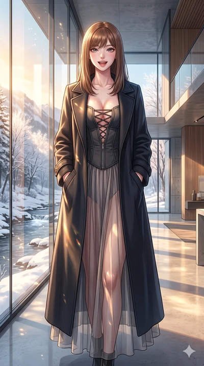 score_9, masterpiece, best quality, ultra-detailed, high-budget anime keyframe, vibrant anime aesthetic, Korean woman. cowboy shot from the thighs up, character and outfit filling the frame for maximum presence. She is standing tall with a lively smi