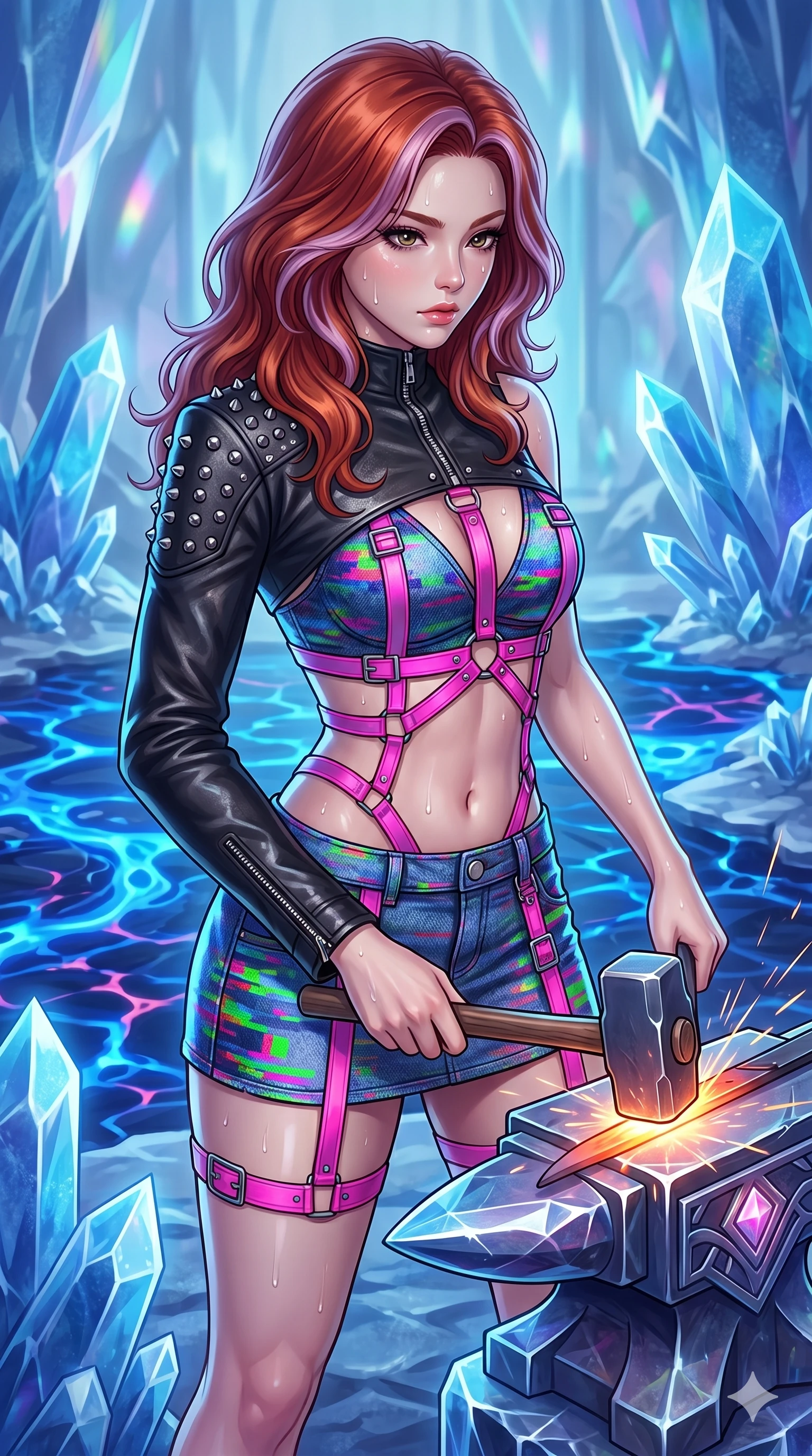 score_9, masterpiece, best quality, ultra-detailed, high-budget anime keyframe, Korean woman. upper body close-up from the thighs up, character filling the screen for maximum presence. forging in a prismatic ice-volcano temple where glowing cobalt-blue liquid magma flows between frozen blue ash crystals. She has an absolutely perfect 8-heads proportion, an exceptionally tall and slender female figure with impossibly long slender legs and an ultra-slim waist. V-shaped jawline, high-bridge nose, intricate jewel-like eyes with depth, thick eyelashes, glossy lips with a natural sheen.. wearing a glitch denim and studded leather outfit, featuring an RGB glitch pattern denim micro-skirt, a single-sleeve cropped leather jacket, and neon pink harness straps. lit by a soft glowing ambient light and a sharp side key light that traces the sleek contours of her athletic build. 2k, ultra detail, master piece, 9:16 ratio