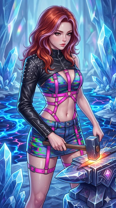 score_9, masterpiece, best quality, ultra-detailed, high-budget anime keyframe, Korean woman. upper body close-up from the thighs up, character filling the screen for maximum presence. forging in a prismatic ice-volcano temple where glowing cobalt-bl