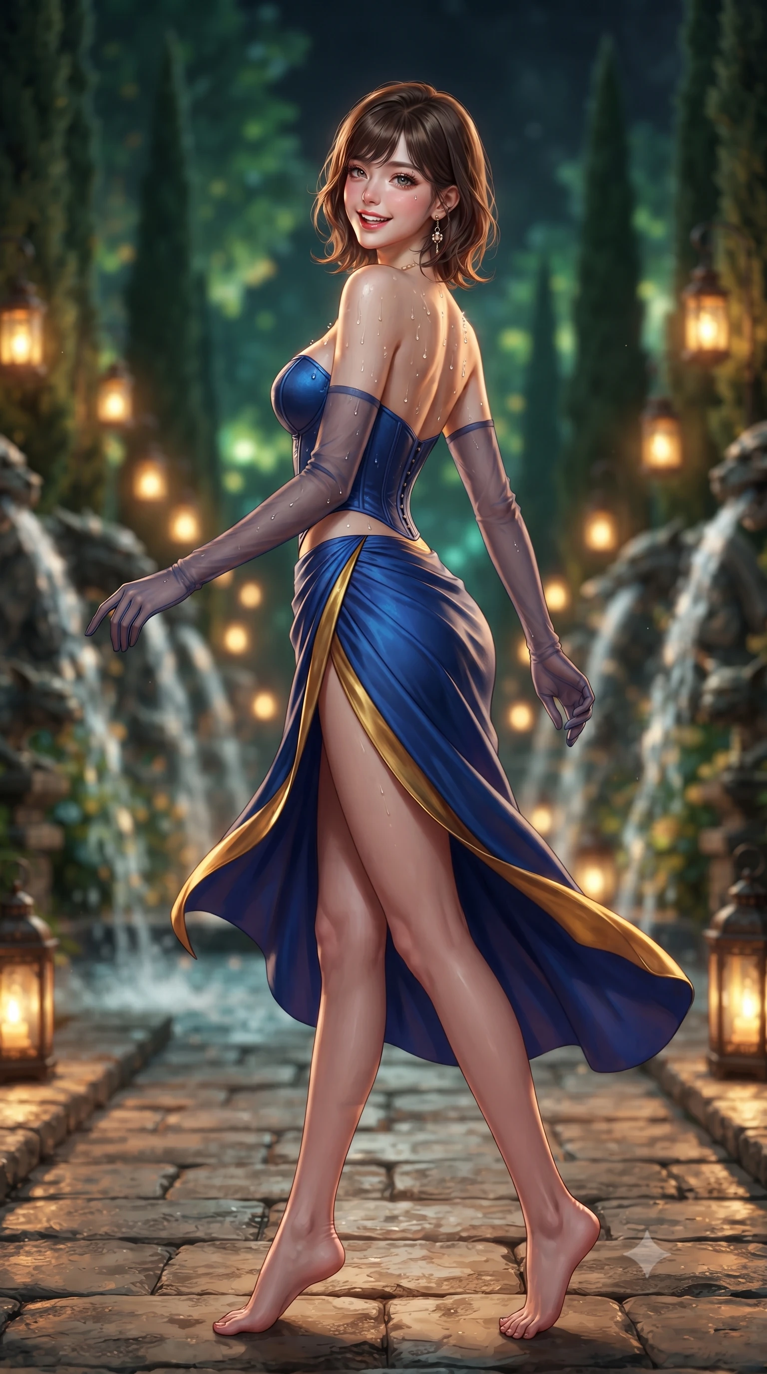 score_9, masterpiece, best quality, ultra-detailed, high-budget anime keyframe, editorial fashion photography, tasteful artistic composition, Korean woman. low angle full-body shot from head to toe showing her feet, filling the entire 9:16 vertical frame with her statuesque presence, stretching her vertical silhouette. executing a slow, graceful pivot turn as her skirt sways around her slender legs, glancing back with an enchanting, teasing sensual expression while twisting her slender torso in an alluring S-curve, water droplets and lantern light dancing across her dewy collarbones and bare back. The background shows a soft-focus cascading water jets from hundreds of stone gargoyle spouts, towering cypress trees, and glowing oil lanterns blurred into emerald, amber, and obsidian bokeh. She has an exceptionally tall and slender model-like 8.5-heads proportion, an ultra-slim waist, a flat toned midriff, narrow delicate ribcage, and beautifully sculpted feminine hips creating a graceful, slim hourglass silhouette without any bulky heaviness, with impossibly long slender legs. sharp v-shaped jawline, high-bridge nose, intricate jewel-like sparkling eyes with depth, thick eyelashes, glossy parted lips with a natural peach sheen, bright cheerful beaming smile with an enchanting and coquettish sensual glint, exuding both youthful cute charm and seductive allure, flawlessly proportioned anatomical accuracy, strict slender model proportions, natural body alignment, perfectly sculpted long slender limbs, ultra-slim waistline, clean dynamic posture without body distortion. wearing a sculpted sweetheart-neckline boned corset top paired with an asymmetric draped wrap skirt with daring leg opening in Burj Arabian royal sapphire blue and molten gold, made of fluid liquid jersey with seamless sculpting hold and smooth contours, complemented by sheer opera-length evening gloves tracing her slender arms, the glove-like clinging cut tightly following the natural contour of her hips and long slender legs with youthful 8.5-heads elegance. bathed in the flickering warm golden glow of antique lanterns reflecting in turbulent water pools. ultra-reflective glossy finish, specular highlights, rich textural contrasts, high-contrast stereoscopic depth, volumetric dynamic lighting, 2k, ultra detail, master piece, 9:16 ratio