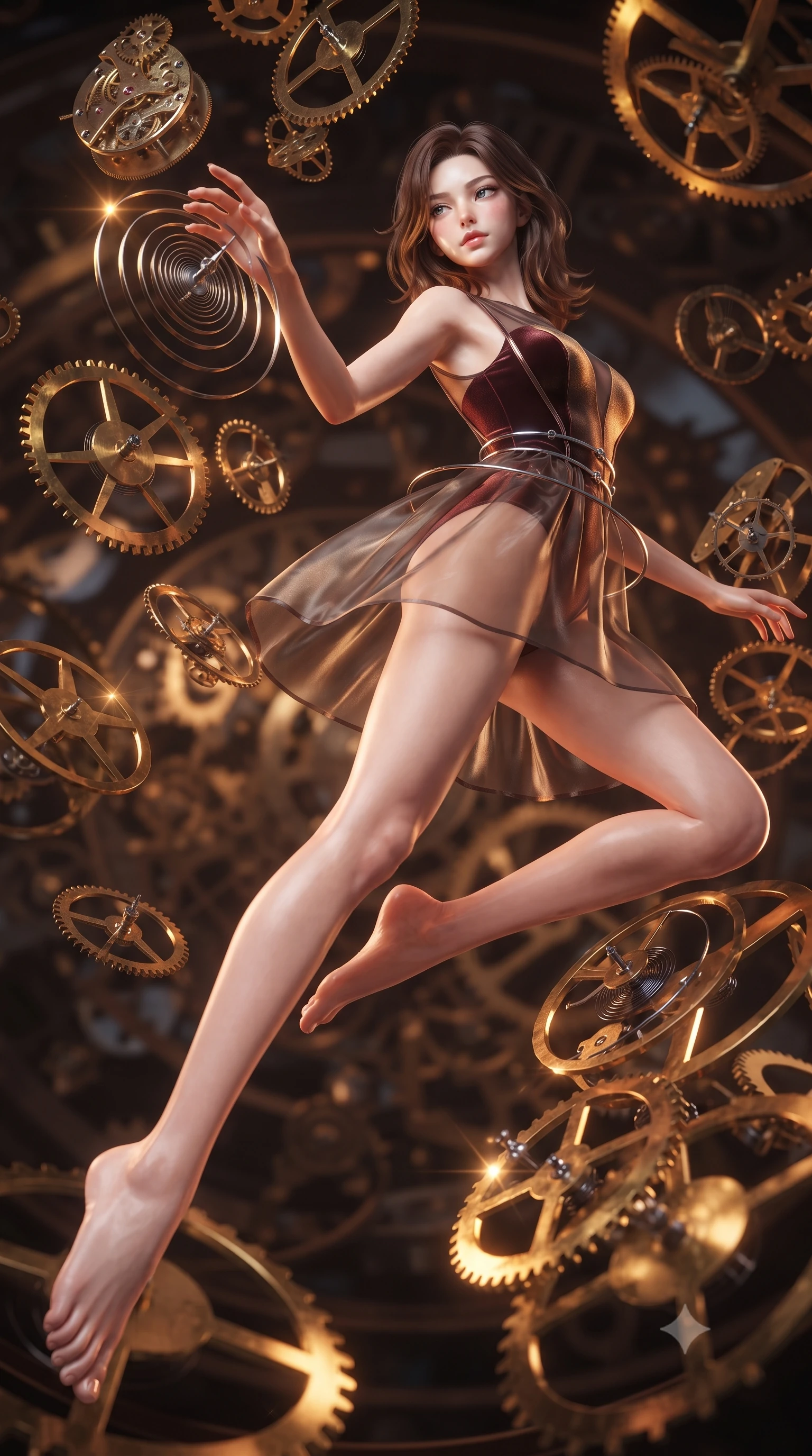 score_9, masterpiece, best quality, ultra-detailed, high-budget anime keyframe, editorial fashion photography, tasteful artistic composition, Korean woman. low angle full-body shot from head to toe showing her feet, filling the entire 9:16 vertical frame with her statuesque presence, stretching her vertical silhouette. leaping gracefully through mid-air with statuesque elegance, her impossibly long slender legs stretched in perfect balance while reaching forward to adjust a glowing clockwork spring wire in a storm of gear parts, floating brass gears and clocksprings casting intricate metallic reflections. She has an absolutely perfect, statuesque 8.5-heads proportion, an exceptionally tall and slender model-like female figure with impossibly long slender legs and an ultra-slim waist. sharp v-shaped jawline, high-bridge nose, intricate jewel-like eyes with depth, thick eyelashes, glossy lips with a natural sheen, flawlessly proportioned anatomical accuracy, natural body alignment, perfectly sculpted elegant limbs, clean dynamic posture without body distortion. wearing a semi-opaque sheer overlay dress over a leather micro-bodysuit in deep burgundy and bronze, made of premium stretch velvet with a rich sheen, accented with delicate chrome ring hardware framing her waist, the form-contouring material highlighting her ultra-slim waist and long lines. bathed in warm twilight amber backlighting and rich metallic specular glow. ultra-reflective glossy finish, specular highlights, metallic sheen, high-contrast stereoscopic depth, volumetric dynamic lighting, 2k, ultra detail, master piece, 9:16 ratio