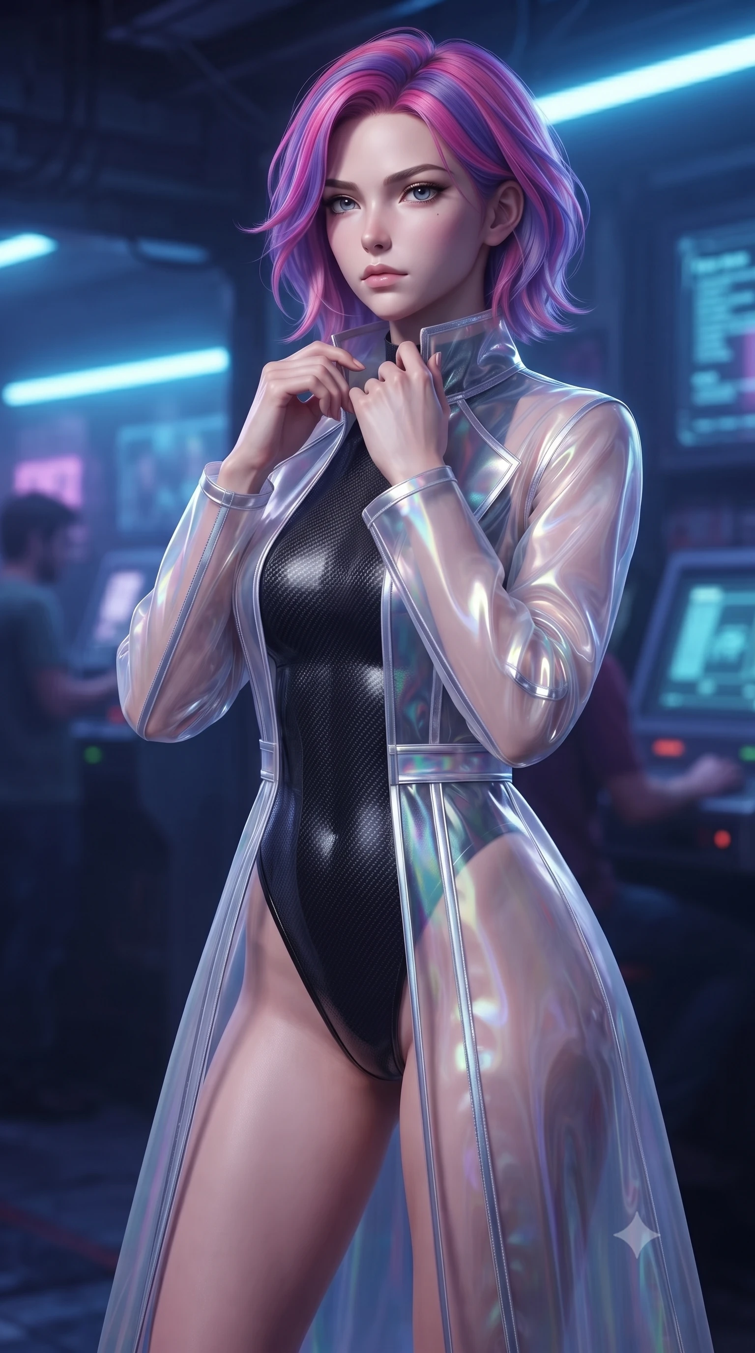 score_9, masterpiece, best quality, ultra-detailed, high-budget anime keyframe, editorial fashion photography, tasteful artistic composition, Caucasian woman. close-up cowboy shot from the waist and thighs up, the character dominates the composition, filling the frame with her large presence, background elements kept in soft focus. adjusting the high collar of her body-hugging suit, looking past the camera with quiet, sharp focus and a composed expression, the background shows a soft-focus a dimly lit cyber-pub entrance with flickering blue fluorescent tubes. She has an exceptionally elegant, slender, and willowy female figure with an ultra-slim waist, a gracefully sculpted slender torso, and a refined silhouette. sharp v-shaped jawline, high-bridge nose, intricate jewel-like eyes with depth, thick eyelashes, glossy lips with a natural sheen. wearing a tailored sheer white holographic organza combat gown worn over a high-cut carbon-fiber leotard. low-contrast blue and violet ambient glow casting mysterious side rim-lights. ultra-reflective glossy finish, specular highlights, metallic sheen, high-contrast stereoscopic depth, volumetric dynamic lighting, 2k, ultra detail, master piece, 9:16 ratio
