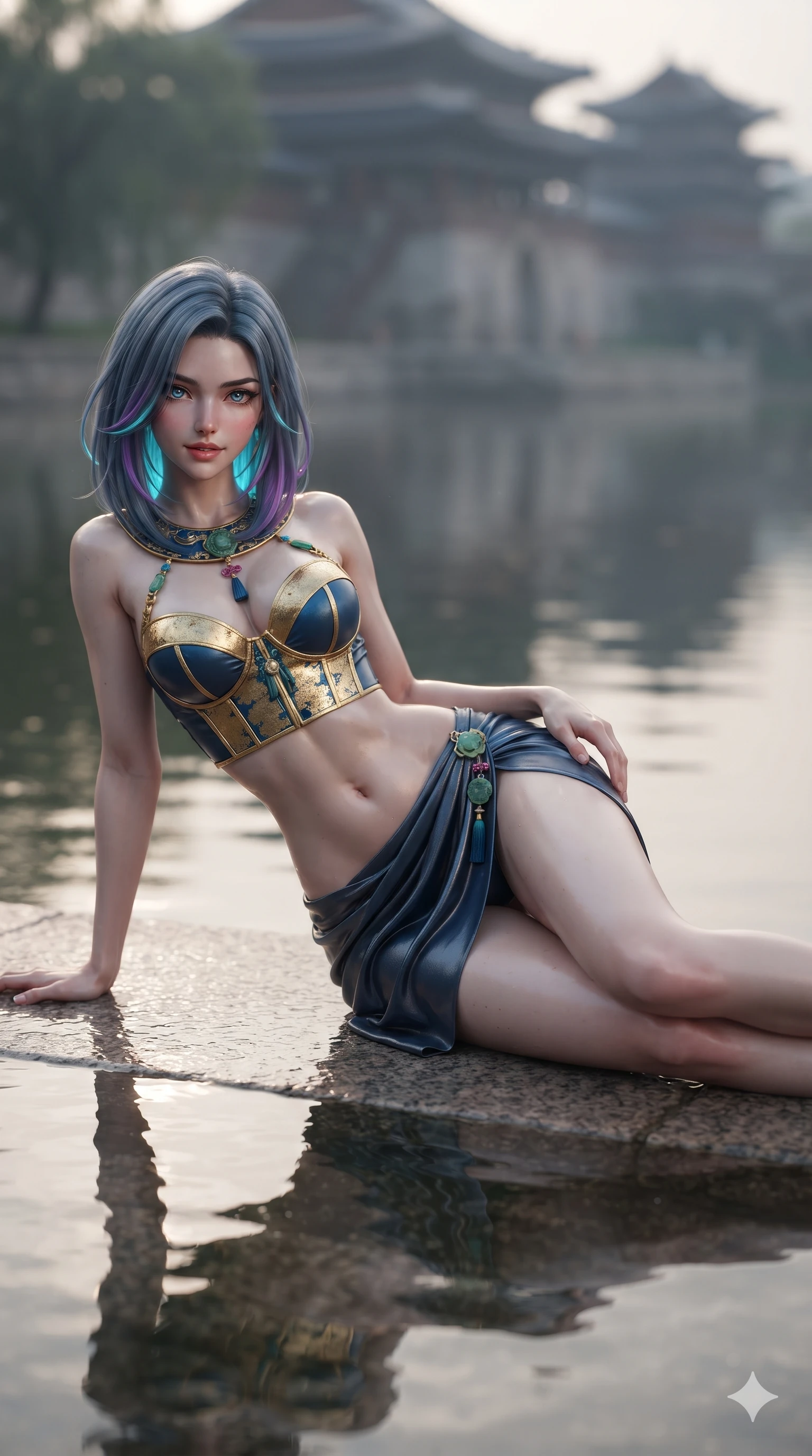 score_9, masterpiece, best quality, ultra-detailed, high-budget anime keyframe, editorial fashion photography, tasteful artistic composition, Caucasian woman. low angle full-body shot from head to toe showing her feet, filling the entire 9:16 vertical frame with her statuesque presence, stretching her vertical silhouette. reclining on her side in an elegant Cleopatra pose with one knee drawn up, the dramatic contour of her rounded hips and long slender legs commanding the 9:16 vertical frame while standing poised on the submerged granite pier of the palace water gate, arching her spine with sovereign supermodel grace. The background shows a soft-focus historic royal palace moat softened in atmospheric architectural shallow focus. She has an absolutely perfect, statuesque 8.5-heads proportion, an exceptionally tall and slender model-like female figure with impossibly long slender legs, an ultra-slim waist, a flat toned midriff, narrow delicate ribcage, and beautifully sculpted feminine hips creating a graceful, slim hourglass silhouette without any bulky heaviness. sharp v-shaped jawline, high-bridge nose, sparkling eyes with hypnotic seductive depth, thick curled eyelashes, glossy parted lips with a natural dewy peach sheen, alluring bedroom-eyes with an enchanting coquettish smile, exuding magnetic siren charisma and sophisticated glamour, flawlessly proportioned anatomical accuracy, strict slender model proportions, natural body alignment, perfectly sculpted long slender limbs, ultra-slim waistline, clean dynamic posture without body distortion. wearing a structured underwire silk bustier top with norigae accents paired with a high-cut draped sarong mini wrap in deep ocean cobalt and shimmering gold leaf, made of liquid dark mercury jersey with seamless sculpting hold and fluid drape, finished with authentic carved jade pendants and traditional norigae knots, the form-fitting cut adhering flawlessly to her sculpted flat midriff and slender torso, emphasizing her long leg lines and perfectly proportioned willowy build. illuminated by moat water reflection bounce and sharp gold-cyan rim lights sculpting her razor-sharp jawline, narrow waist, and curvy hips. ultra-reflective glossy finish, specular highlights, rich textural contrasts, high-contrast stereoscopic depth, volumetric dynamic lighting, 2k, ultra detail, master piece, 9:16 ratio