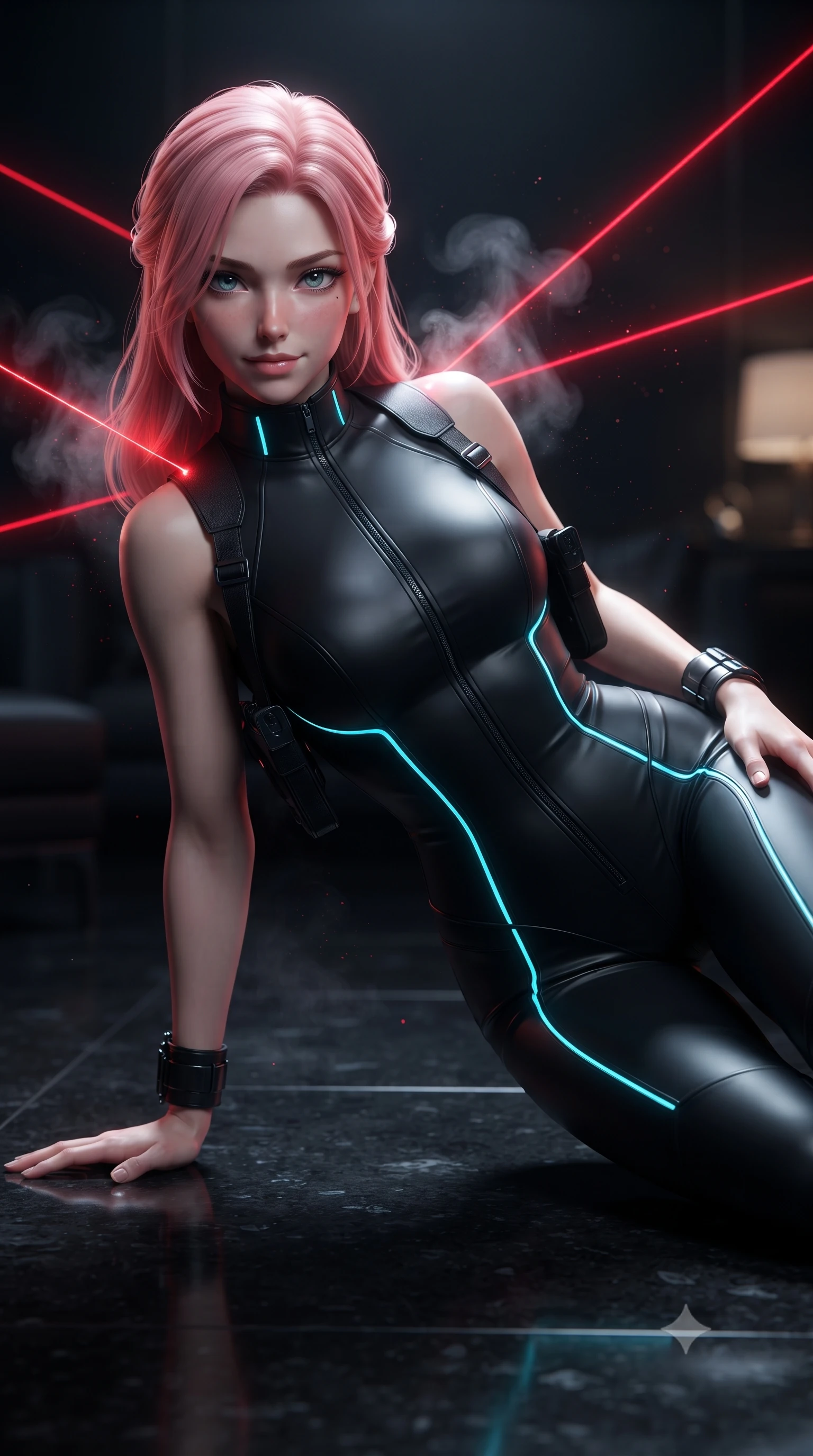 score_9, masterpiece, best quality, ultra-detailed, high-budget anime keyframe, editorial fashion photography, tasteful artistic composition, Japanese woman. close-up cowboy shot from the waist and thighs up, the character dominates the composition, filling the frame with her large presence. leaning forward with playful, captivating grace, her sculpted collarbones and slender neckline highlighted by directional light while pivoting dynamically across the polished black granite floor, one hand planted as lasers criss-cross inches above her back. The composition keeps background elements in soft focus with creamy bokeh. cooling vapor wisps and airborne particulate dust catching bright red laser beam motes. She has an exceptionally elegant, slender, and willowy female figure with an ultra-slim waist, a gracefully sculpted slender torso, toned flat midriff, and a refined slim silhouette. sharp v-shaped jawline, high-bridge nose, intricate jewel-like eyes with depth, thick eyelashes, glossy lips with a natural sheen, captivating and magnetic expression, flawlessly proportioned anatomical accuracy, strict slender model proportions, natural body alignment, perfectly sculpted long slender limbs, ultra-slim waistline, clean dynamic posture without body distortion. wearing a sharp sleeveless tactical catsuit with an asymmetric shoulder holster and high collar in polished asphalt black and electric cyan LED lines, crafted from matte cybernetic vinyl with concealed magnetic locks, accented with concealed lockpick wristbands and polished dark chrome hardware, the glove-like aerodynamic second-skin fit tightly clinging to her ultra-slender waist and athletic curves without adding bulk, accentuating her razor-sharp statuesque lines and slim hourglass silhouette. surrounded by a deadly, sophisticated, and irresistibly alluring secret agent femme fatale aura. ultra-reflective glossy finish, specular highlights, rich textural contrasts, high-contrast stereoscopic depth, volumetric dynamic lighting, 2k, ultra detail, master piece, 9:16 ratio
