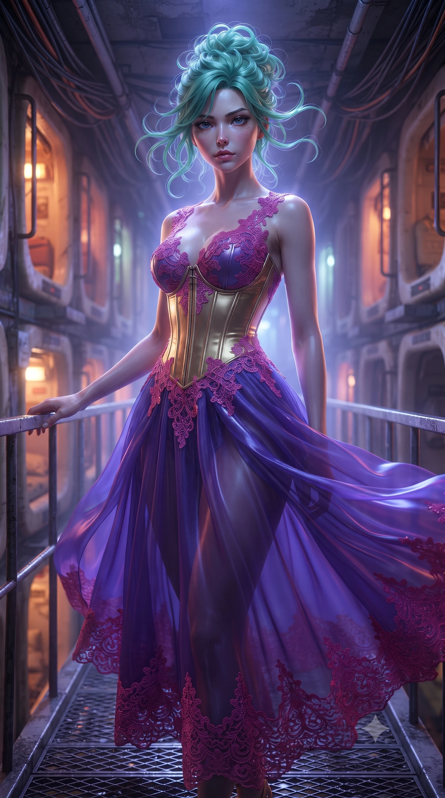 score_9, masterpiece, best quality, ultra-detailed, high-budget anime keyframe, editorial fashion photography, tasteful artistic composition, realistic cosplay photography, Japanese woman. close-up cowboy shot from the waist and thighs up, the character dominates the composition, filling the frame with her large presence, background elements kept in soft focus. Standing proud on the bridge, looking down at the viewer with quiet authority and a cold composure. set against a soft-focus background of a narrow corridor of a capsule hotel in the slums, capsule doors glowing with orange vacancy lights, wires bundle along the ceiling. She has an exceptionally elegant and slender, willowy female figure with an ultra-slim waist, a gracefully sculpted slender torso, and a refined slim physique. sharp v-shaped jawline, high-bridge nose, intricate jewel-like eyes with depth, thick eyelashes, glossy lips with a natural sheen. wearing the lightweight fabric rippling and billowing dramatically with her movement, a slim-fit floor-length sheer gown in royal purple, featuring strategic fuchsia lace placement and a structured gold corset. cool ethereal blue-violet bioluminescent glow wrapping around her from all sides. ultra-reflective glossy finish, specular highlights, metallic sheen, high-contrast stereoscopic depth, volumetric dynamic lighting, 2k, ultra detail, master piece, 9:16 ratio