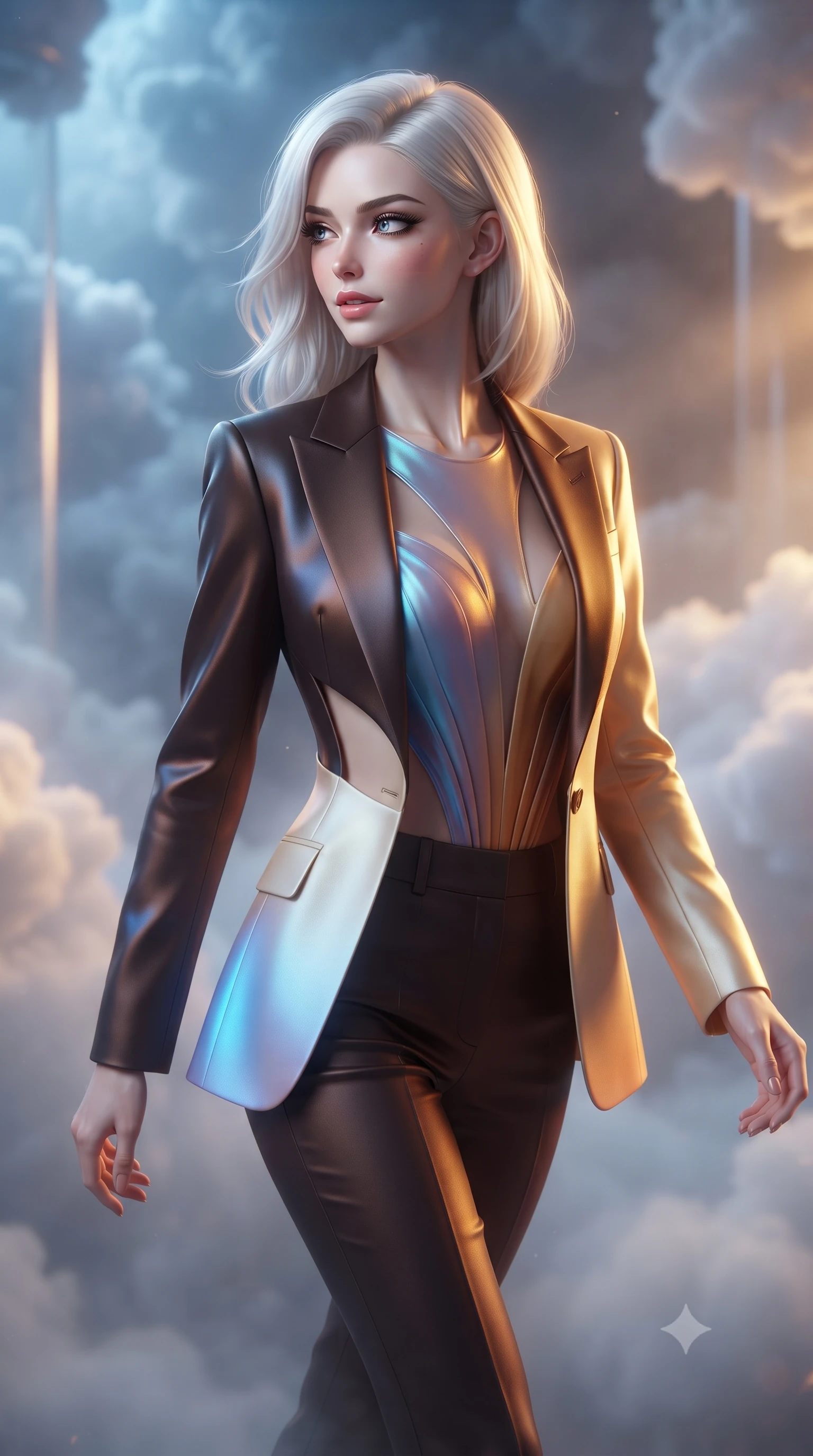 score_9, masterpiece, best quality, ultra-detailed, high-budget anime keyframe, editorial fashion photography, tasteful artistic composition, Caucasian woman. close-up cowboy shot from the waist and thighs up, the character dominates the composition, filling the frame with her large presence, background elements kept in soft focus. Glancing sidelong over her shoulder with a smoldering half-smile and heavy lashes walking through a misty cloud room catching dramatic golden sunset rays, volumetric cumulus cloud textures illuminated from within by electric light. She has an exceptionally elegant, slender, and willowy female figure with an ultra-slim waist, a gracefully sculpted slender torso, and a refined silhouette. sharp v-shaped jawline, high-bridge nose, intricate jewel-like eyes with depth, thick eyelashes, glossy lips with a natural sheen. wearing a tailored silk blazer over a form-contouring top and fitted slacks in espresso brown and warm cream, crafted from iridescent chiffon that shifts colors in the light, featuring clean architectural cutouts along her slender torso, the elegant draped fit framing her graceful clavicle and slender torso. bathed in a dual-tone palette of electric blue and warm amber sky rays. highly saturated vibrant anime colors, detailed shading with soft gradients, rich glossy textures, high-contrast stereoscopic depth, volumetric dynamic lighting, master piece, 9:16 ratio