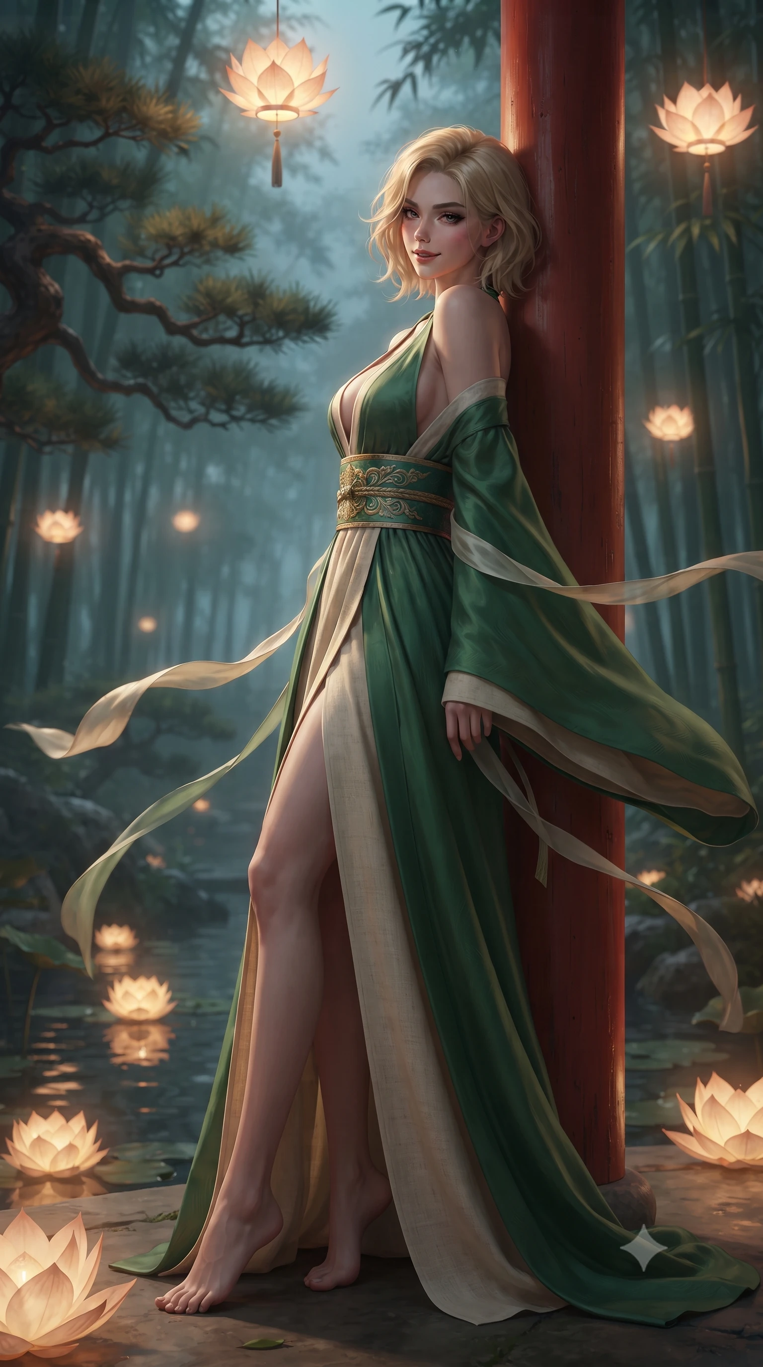 score_9, masterpiece, best quality, ultra-detailed, high-budget anime keyframe, editorial fashion photography, tasteful artistic composition, Caucasian woman. low angle full-body shot from head to toe showing her feet, filling the entire 9:16 vertical frame with her statuesque presence, stretching her vertical silhouette. walking slowly through the bamboo pathway, looking back over her shoulder with an air of effortless oriental grace and an alluring, smoldering smile while leaning against a vermilion wooden pillar with hips cocked back, looking over a bare shoulder with an alluring, coquettish smile through drifting night mist. The background shows a soft-focus ancient gnarled pine branches and floating paper lotus lanterns softened in royal Joseon shallow focus. She has an absolutely perfect, statuesque 8.5-heads proportion, an exceptionally tall and slender model-like female figure with impossibly long slender legs, an ultra-slim waist, a flat toned midriff, narrow delicate ribcage, and beautifully sculpted feminine hips creating a graceful, slim hourglass silhouette without any bulky heaviness. sharp v-shaped jawline, high-bridge nose, intricate jewel-like dark sparkling almond eyes with depth, thick lashes, glossy parted lips with a natural rose-plum sheen, bright alluring and coquettish smile with bedroom-eyes, exuding both timeless oriental elegance and sovereign high-fashion allure, flawlessly proportioned anatomical accuracy, strict slender model proportions, natural body alignment, perfectly sculpted long slender limbs, ultra-slim waistline, clean dynamic posture without body distortion. wearing a deep plunging-V modern kimono gown with wide flowing sleeves and a waist-cinching gold embroidered sash in fresh bamboo emerald and soft oatmeal cream, tailored from fine crisp cotton-linen with clean structural lines, accented with flowing gossamer silk ribbons that flutter dynamically in the evening breeze, the glove-like silhouette tightly following the natural contour of her hips and long slender legs with youthful 8.5-heads elegance. illuminated by warm paper lantern reflections on the pond water and sharp platinum rim lights defining her razor-sharp jawline, narrow waist, and curvy hips. ultra-reflective glossy finish, specular highlights, rich textural contrasts, high-contrast stereoscopic depth, volumetric dynamic lighting, 2k, ultra detail, master piece, 9:16 ratio