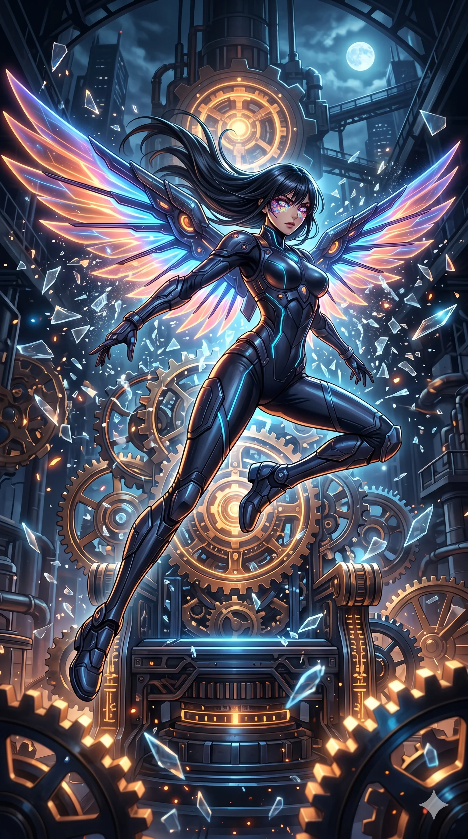 score_9, masterpiece, best quality, ultra-detailed, Set A: High-budget Anime Keyframe, Japanese woman. Low angle cowboy shot filling the entire 9:16 frame with her statuesque presence. Leaping through a throne of gears, while her eyes glow with 190 different colors and surrounded by shattered glass fragments. She has an absolutely perfect 8-heads proportion, an exceptionally tall and slender female figure with impossibly long slender legs and an ultra-slim waist. Sharp v-shaped jawline, high-bridge nose, intricate jewel-like eyes with depth, thick eyelashes, glossy lips with a natural sheen. Wearing Cybernetic wingsuit with glowing wing membranes and a sleek pilot bodysuit. Cinematic lighting, vibrant colors, dramatic shadows, 2k, ultra detail, master piece, 9:16 ratio