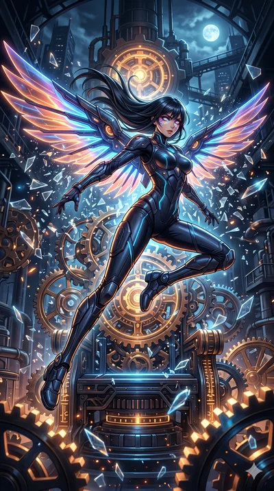 score_9, masterpiece, best quality, ultra-detailed, Set A: High-budget Anime Keyframe, Japanese woman. Low angle cowboy shot filling the entire 9:16 frame with her statuesque presence. Leaping through a throne of gears, while her eyes glow with 190 d