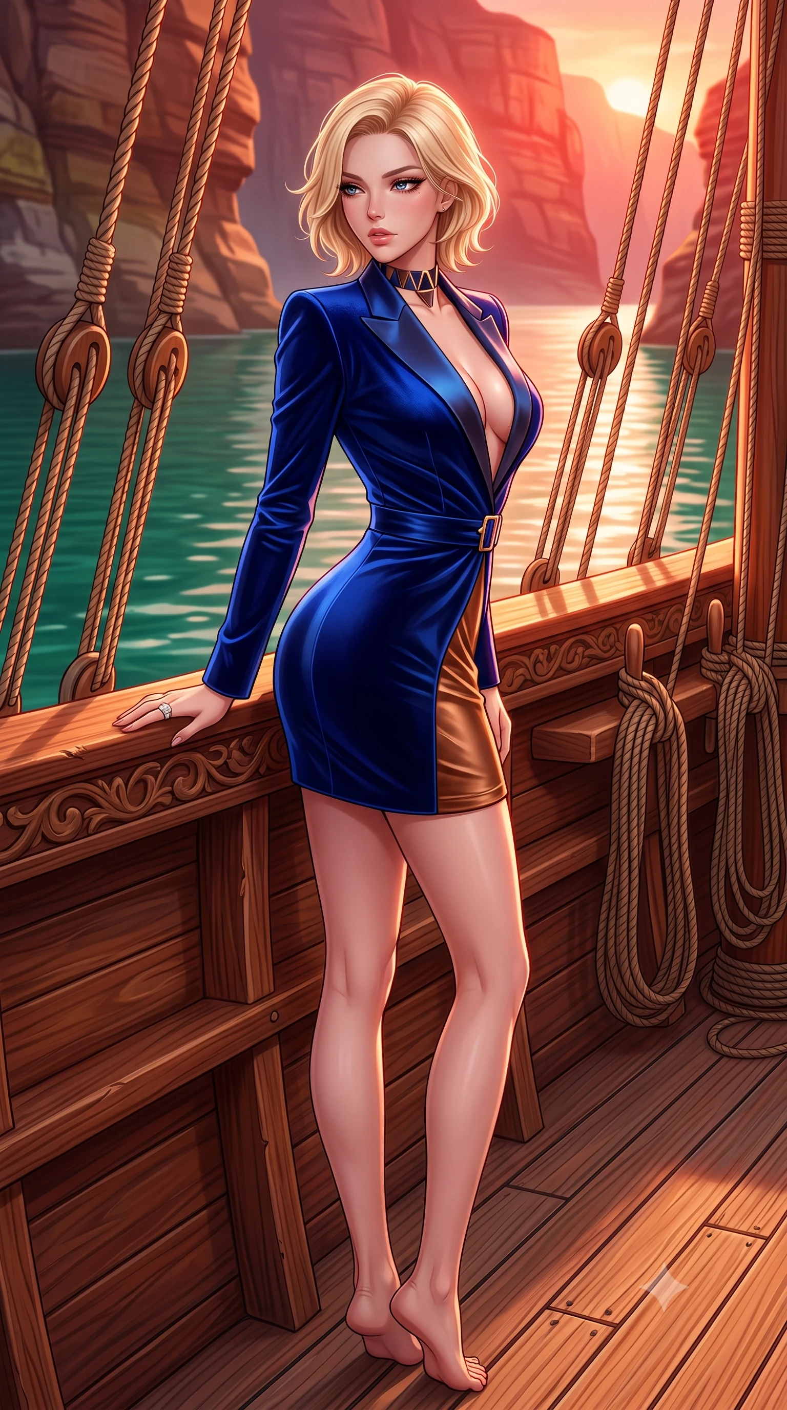 score_9, masterpiece, best quality, ultra-detailed, high-budget anime keyframe, semi-realistic 3D game render, editorial fashion photography, tasteful artistic composition, Caucasian woman. low angle full-body shot from head to toe showing her feet, filling the entire 9:16 vertical frame with her statuesque presence, stretching her vertical silhouette. posing with back turned slightly to the lens, glancing back with smoldering allure as she arches her lower back to emphasize her sculpted feminine hips and slender waist while leaning forward against the carved wooden dhow gunwale with lower back arched, looking over her shoulder at the glassy emerald waters. The surrounding environment is rendered in vivid detail and crisp panoramic clarity. sharp teak ship deck caulking, nautical rope rigging, and fjord sandstone strata in deep focus. She has an exceptionally tall and slender model-like 8.5-heads proportion, an ultra-slim waist, a flat toned midriff, narrow delicate ribcage, and beautifully sculpted feminine hips creating a graceful, slim hourglass silhouette without any bulky heaviness, with impossibly long slender legs. sharp v-shaped jawline, high-bridge nose, intricate jewel-like eyes with depth, thick eyelashes, glossy parted lips with a natural sheen, intensely captivating and seductive bedroom-eyes expression, flawlessly proportioned anatomical accuracy, strict slender model proportions, natural body alignment, perfectly sculpted long slender limbs, ultra-slim waistline, clean dynamic posture without body distortion. wearing a tailored velvet tuxedo jacket dress with satin lapels, worn with a deep plunge neckline and gold hip buckle in royal sapphire blue and liquid bronze, tailored from liquid silk jersey adhering flawlessly to her slender build, complemented by a bold geometric choker and sparkling cocktail ring, the liquid-tight tailored fabric clinging flawlessly to her narrow waist and rounded feminine hips, emphasizing every millimeter of her sculpted slim hourglass curves without any bulky heaviness. bathed in blazing crimson and copper sunset backlighting and warm water surface bounce fill. highly saturated vibrant anime colors, detailed shading with soft gradients, rich glossy textures, high-contrast stereoscopic depth, volumetric dynamic lighting, master piece, 9:16 ratio